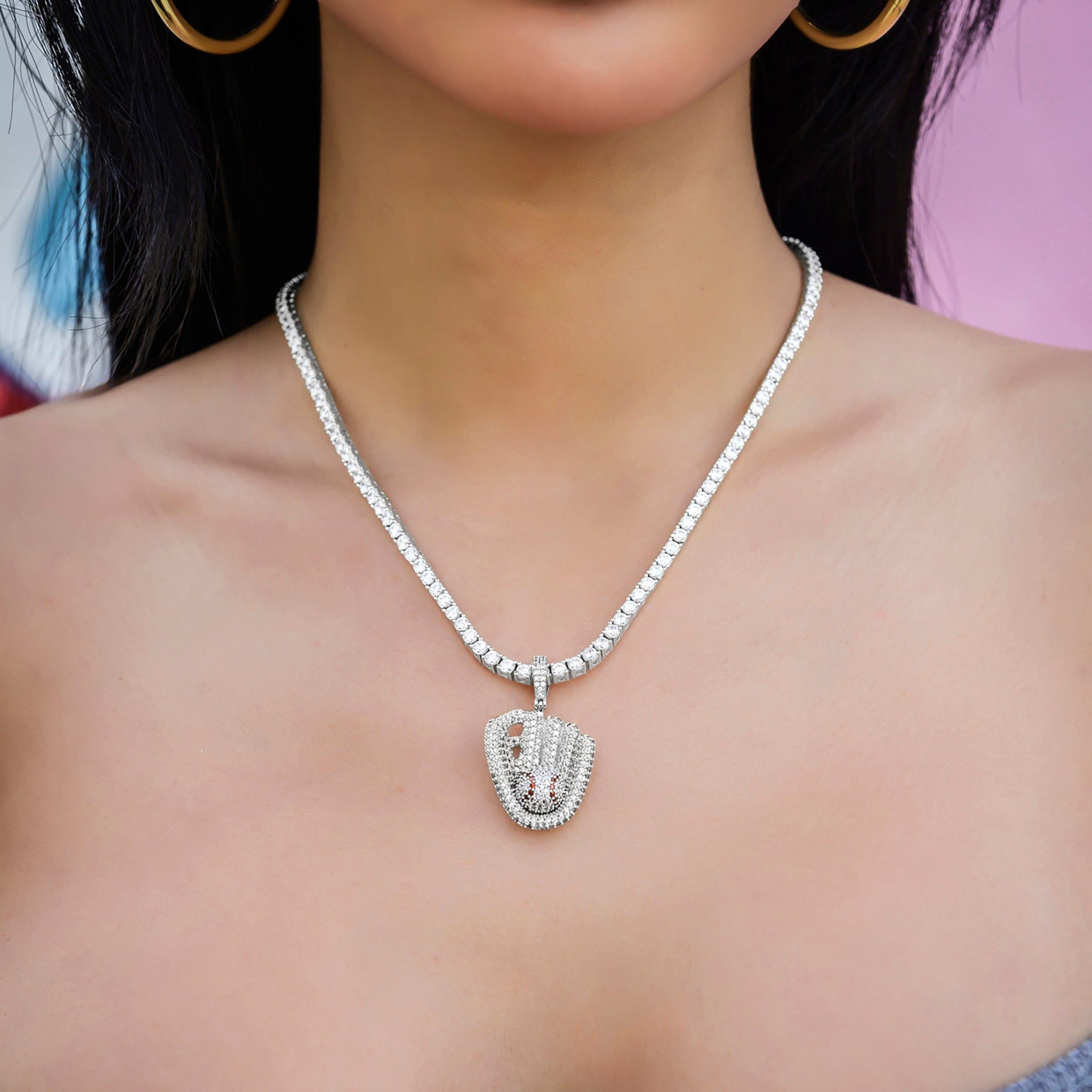 GLD Women Iced Baseball Pendant in White Gold
