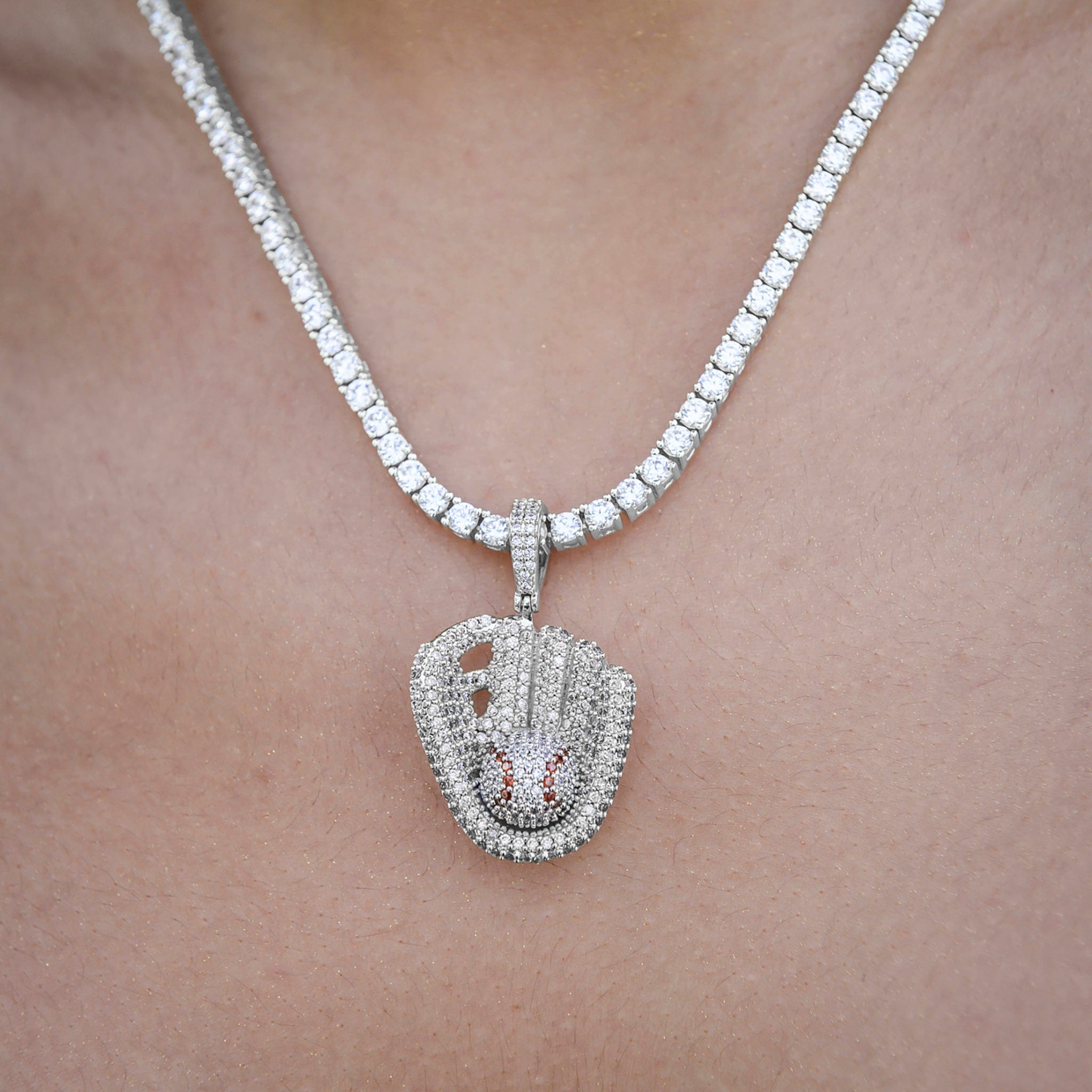 GLD Women Iced Baseball Pendant in White Gold