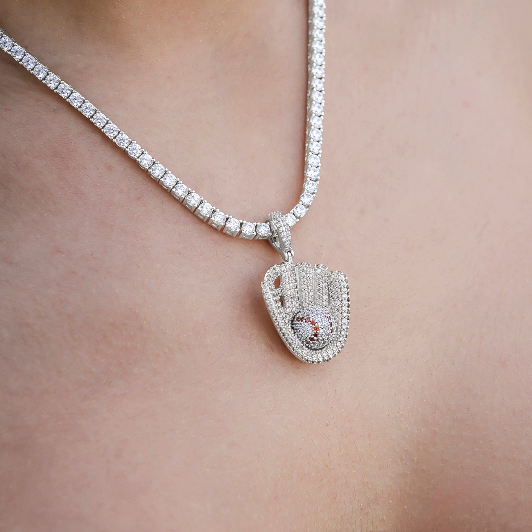 GLD Women Iced Baseball Pendant in White Gold