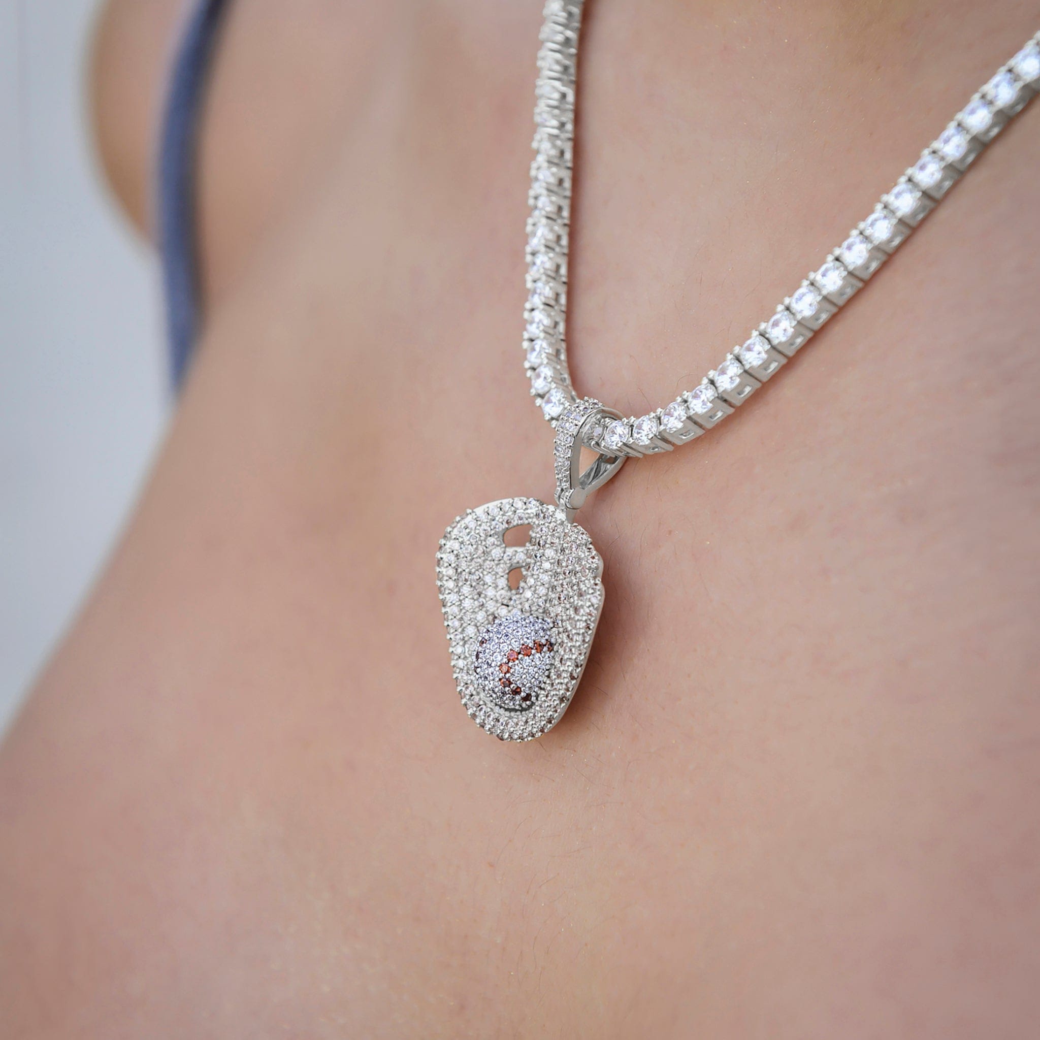 GLD Women Iced Baseball Pendant in White Gold