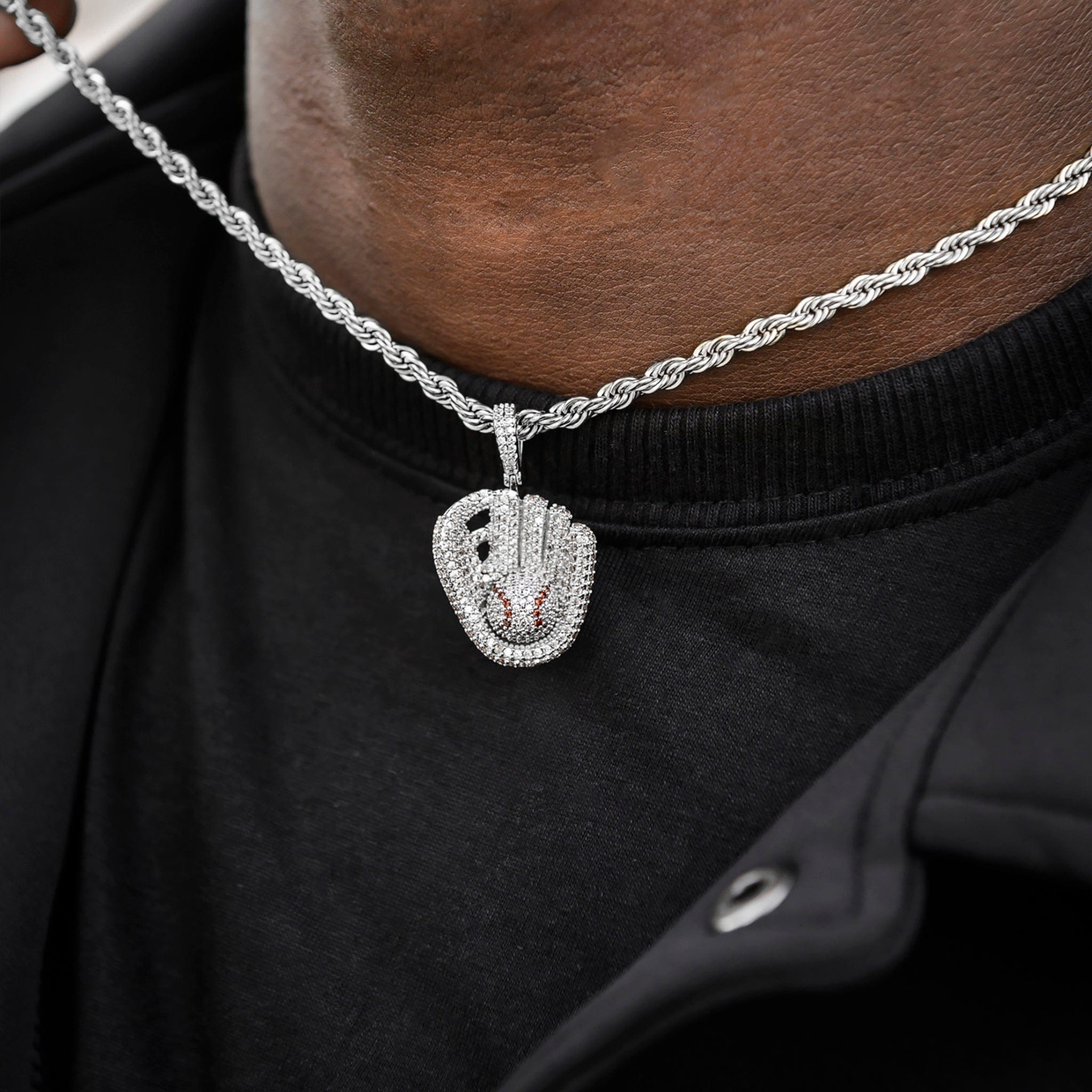 GLD Men Iced Baseball Pendant in White Gold