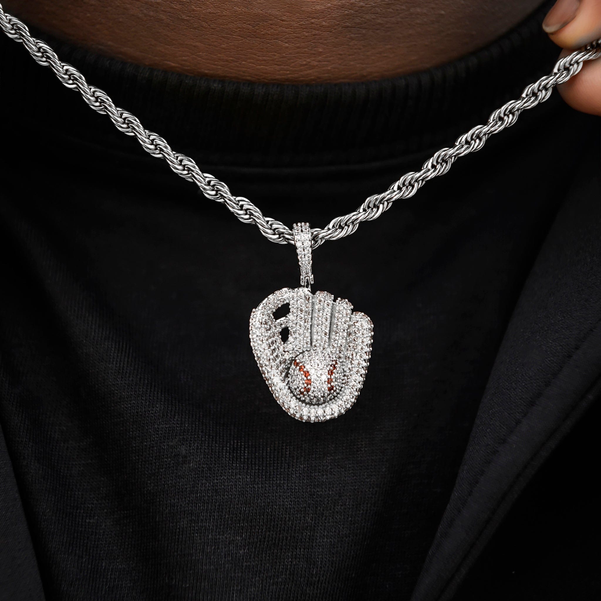 GLD Men Iced Baseball Pendant in White Gold