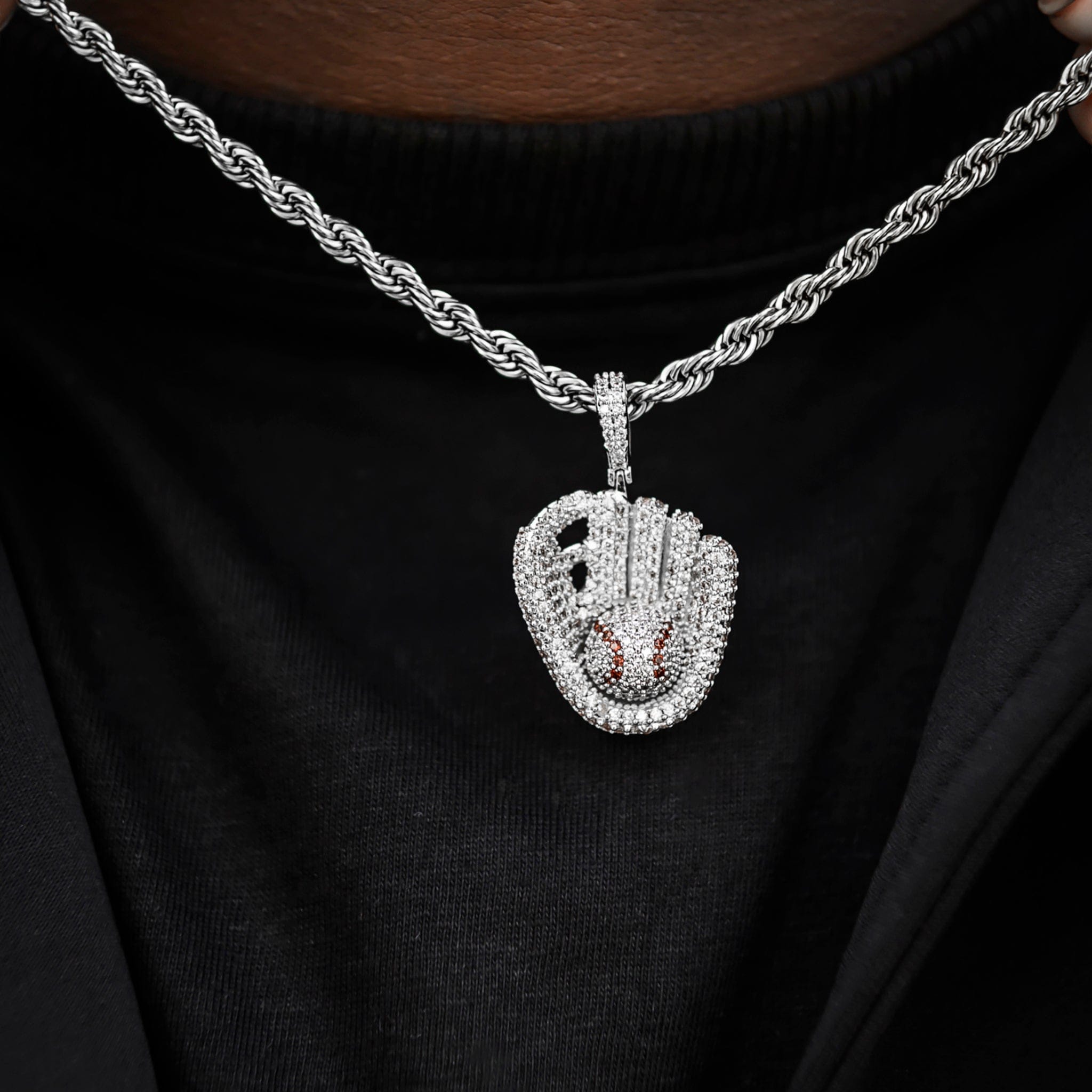 GLD Men Iced Baseball Pendant in White Gold