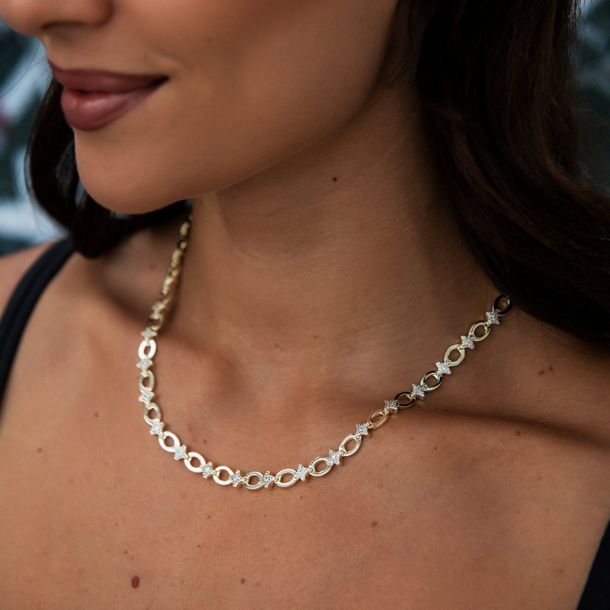 GLD Women Iced Star Cable Link Necklace in Yellow Gold