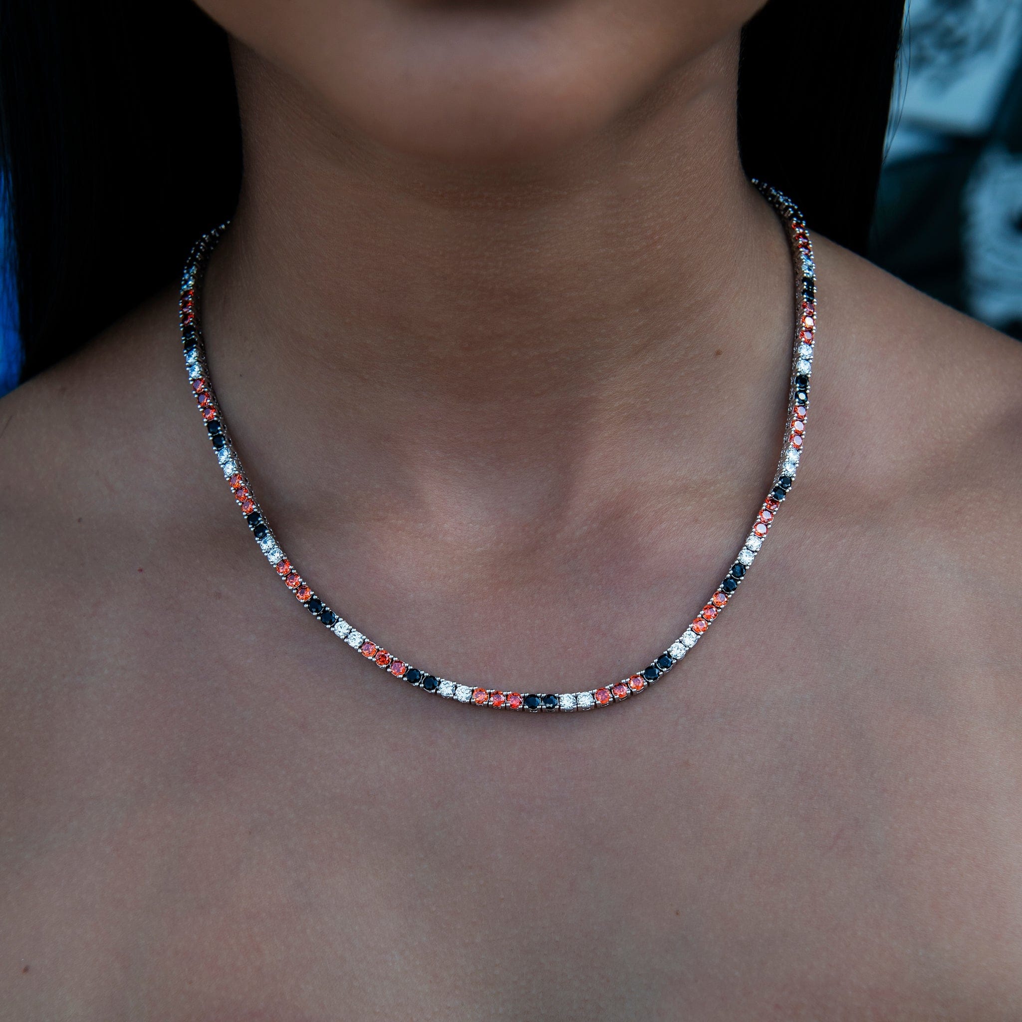 GLD Women 3 mm Diamond Tennis Necklace - Black Orange White