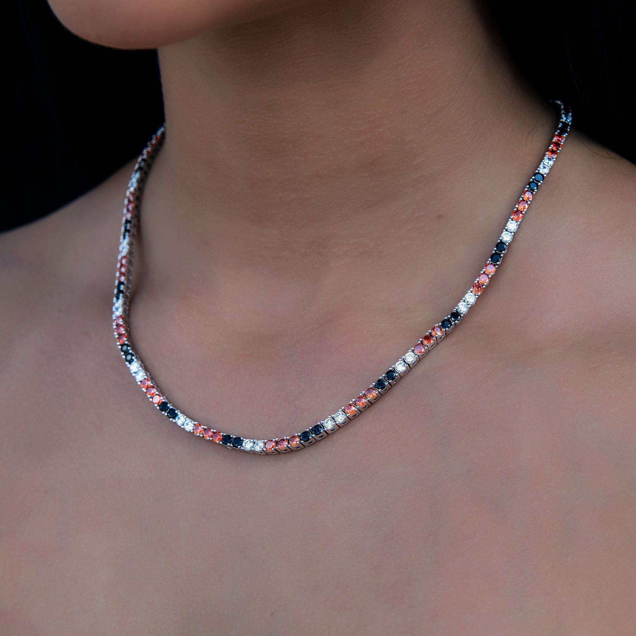 GLD Women 3 mm Diamond Tennis Necklace - Black Orange White