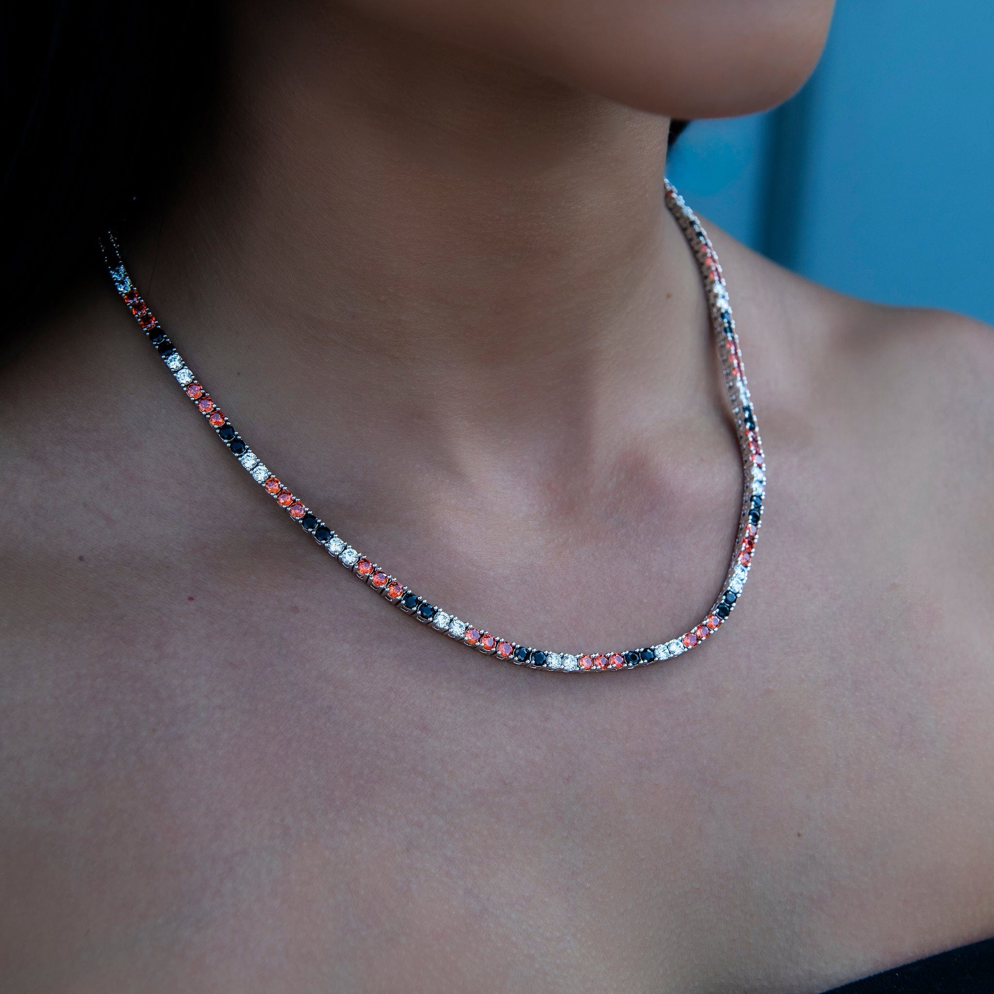 GLD Women 3 mm Diamond Tennis Necklace - Black Orange White