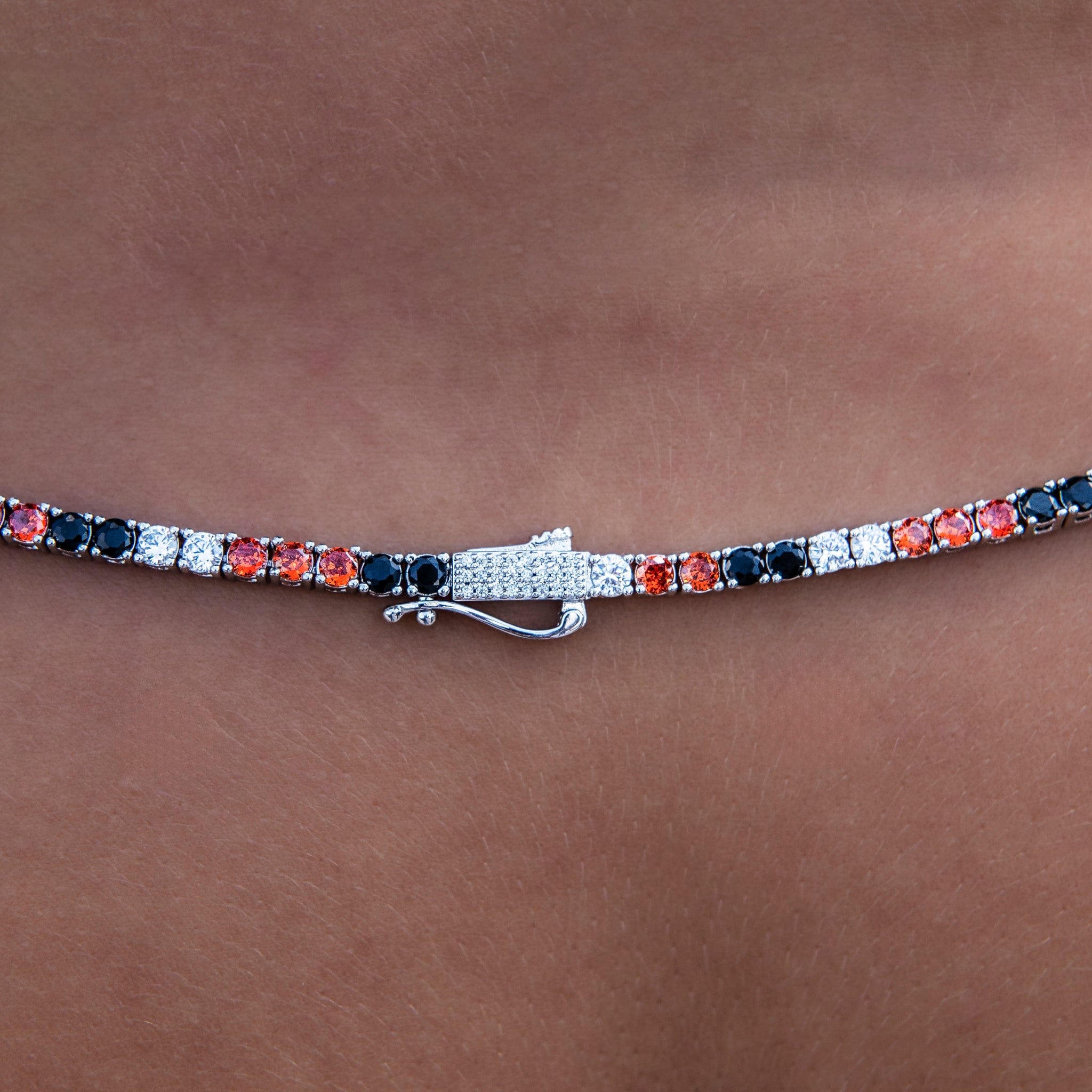 GLD Women 3 mm Diamond Tennis Necklace - Black Orange White
