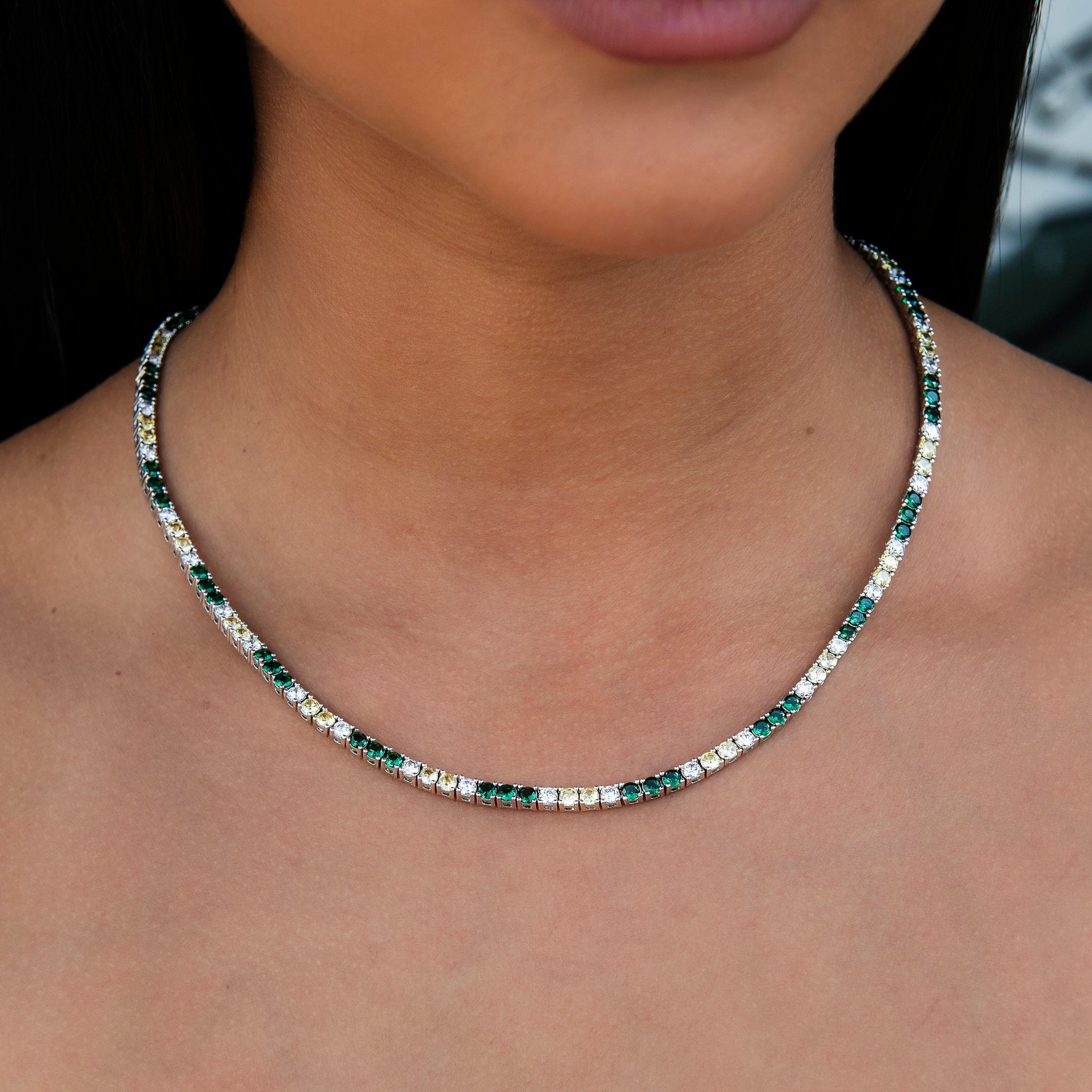 GLD Women 3 mm Diamond Tennis Necklace - Green Yellow White