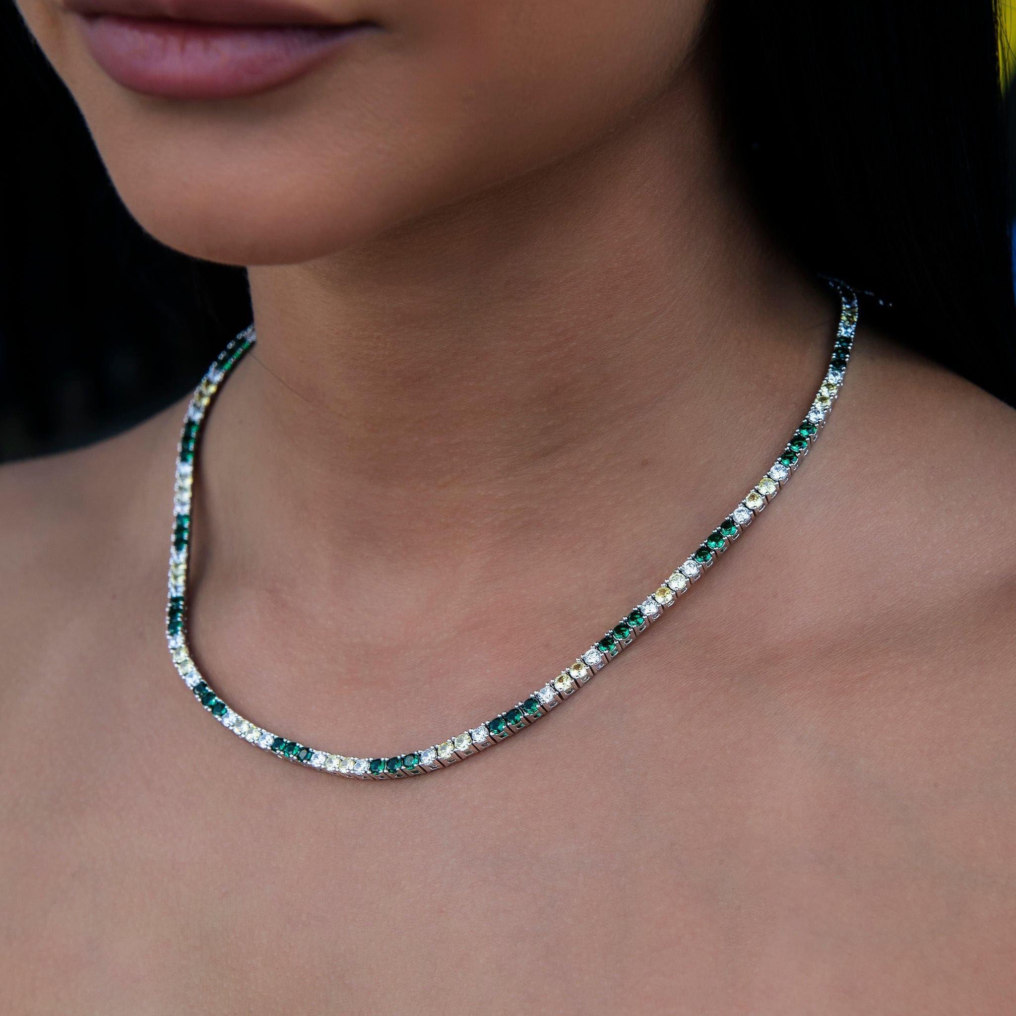 GLD Women 3 mm Diamond Tennis Necklace - Green Yellow White