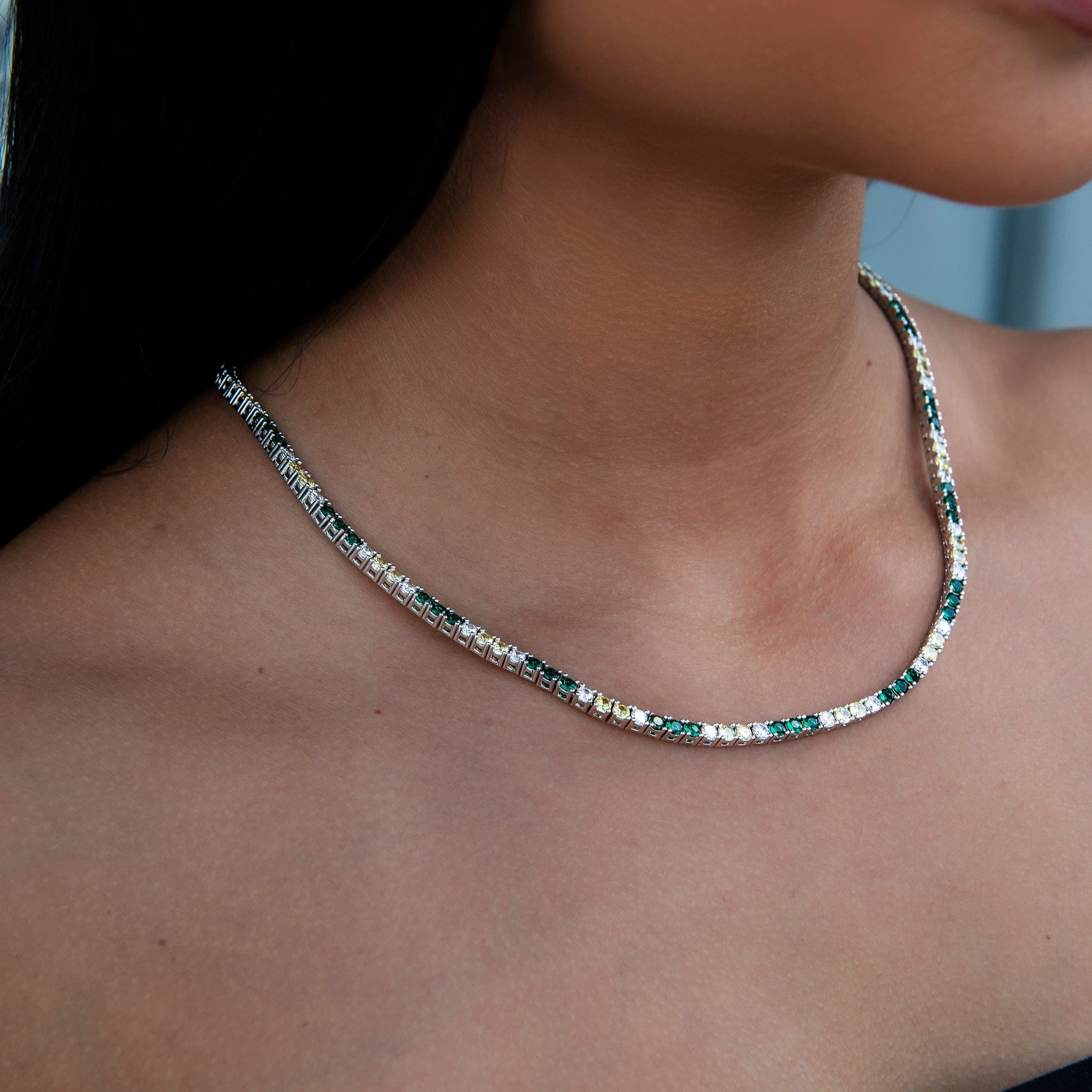 GLD Women 3 mm Diamond Tennis Necklace - Green Yellow White