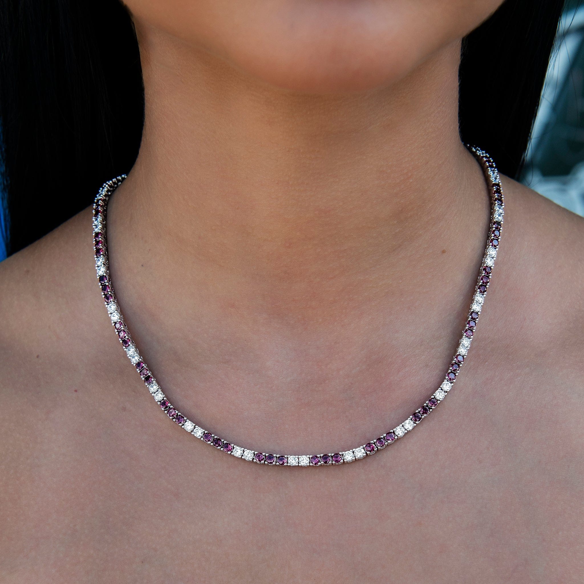 GLD Women 3 mm Diamond Tennis Necklace - Burgundy White