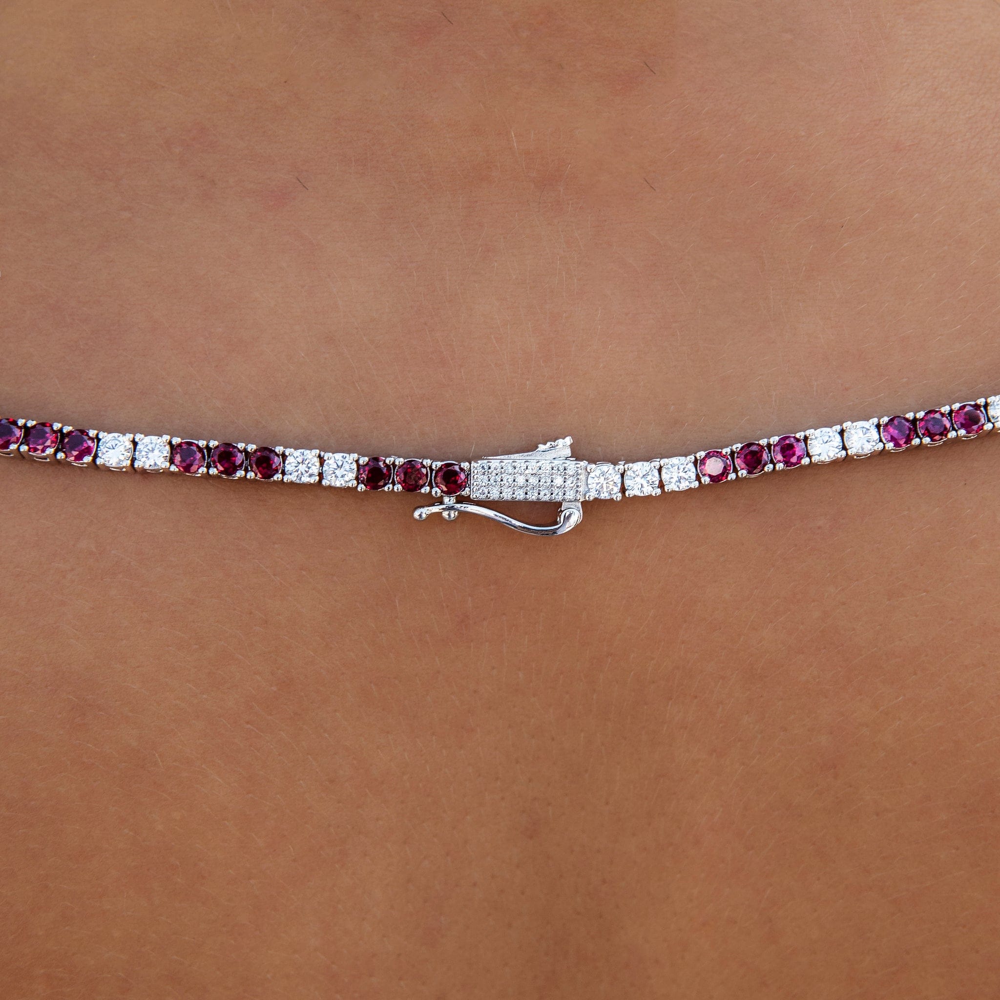 GLD Women 3 mm Diamond Tennis Necklace - Burgundy White