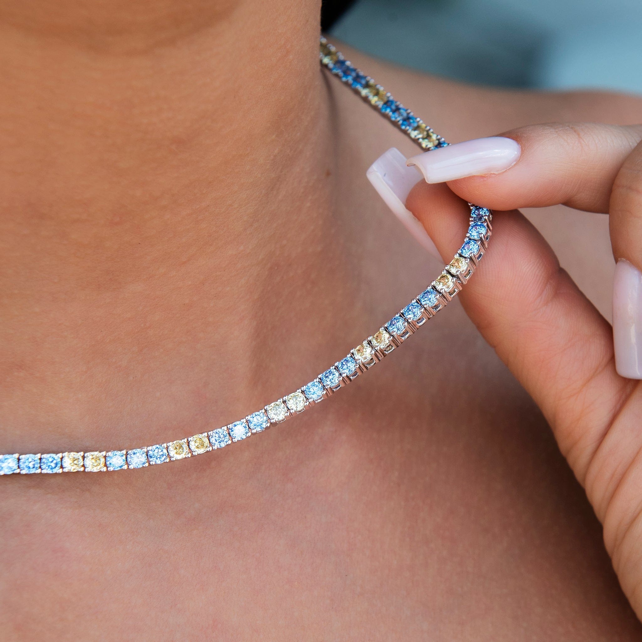 GLD Women 3 mm Diamond Tennis Necklace - Turquoise Yellow
