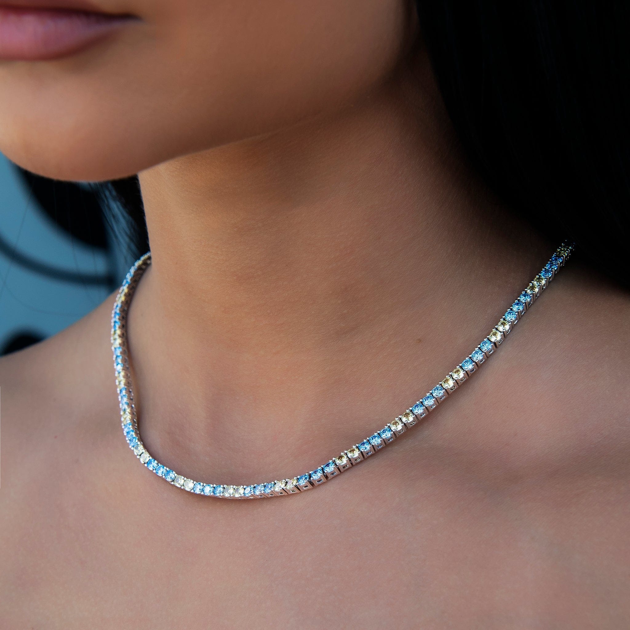 GLD Women 3 mm Diamond Tennis Necklace - Turquoise Yellow