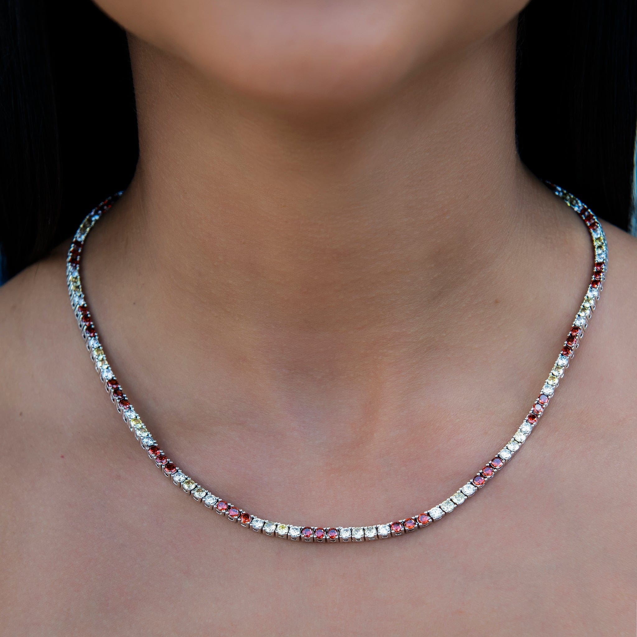 GLD Women 3 mm Diamond Tennis Necklace - Red Yellow White