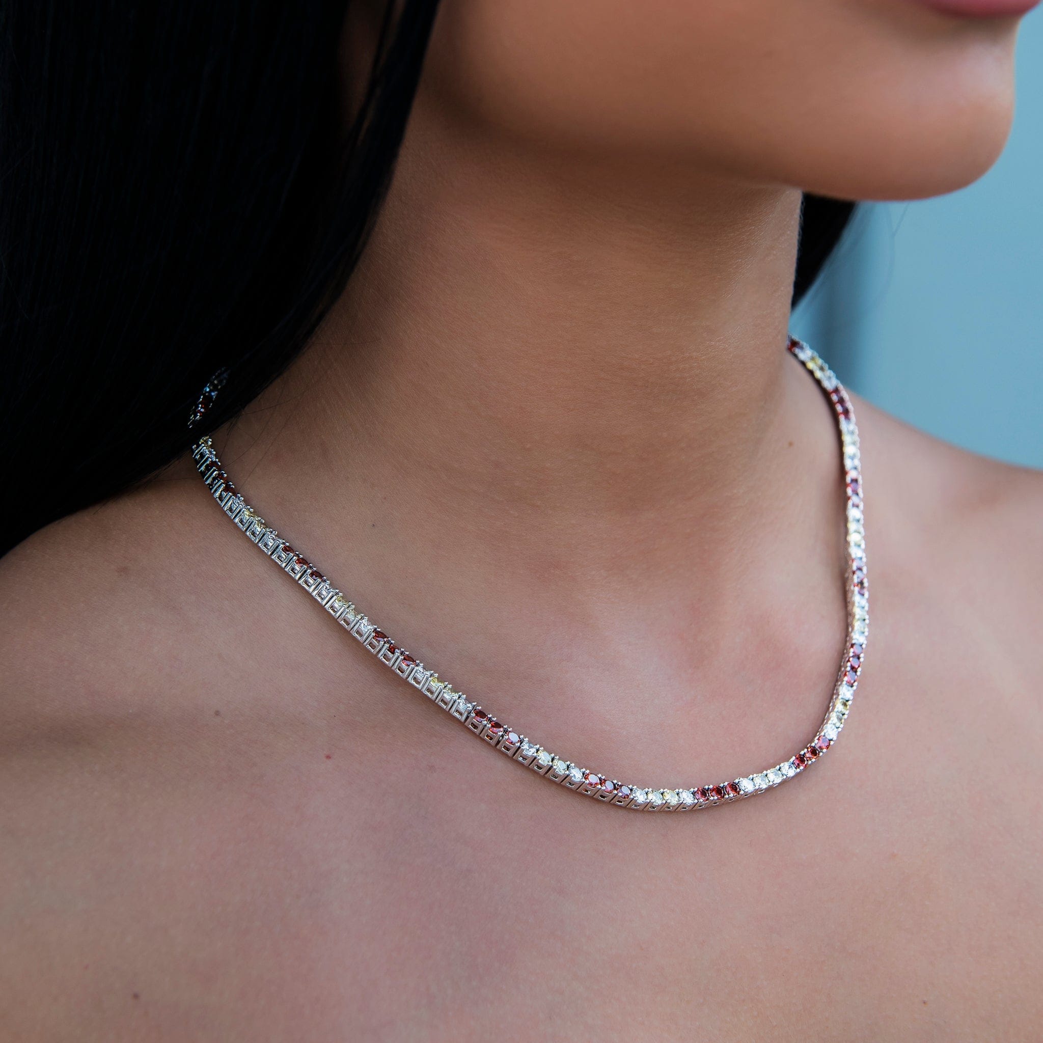 GLD Women 3 mm Diamond Tennis Necklace - Red Yellow White