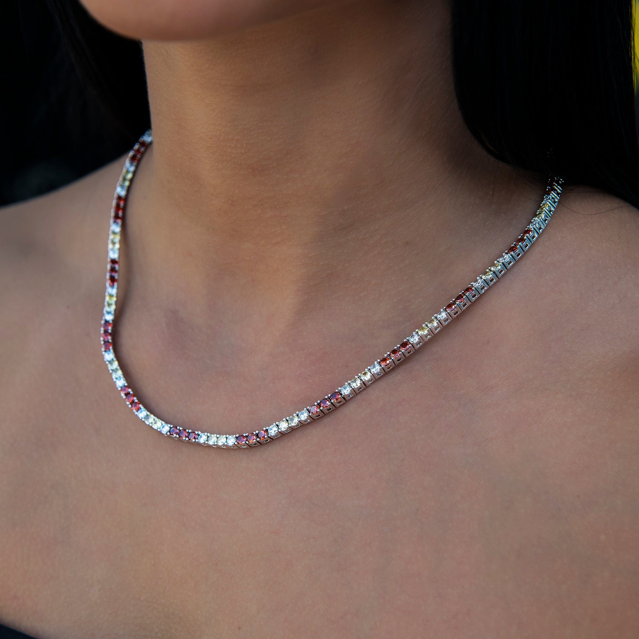 GLD Women 3 mm Diamond Tennis Necklace - Red Yellow White