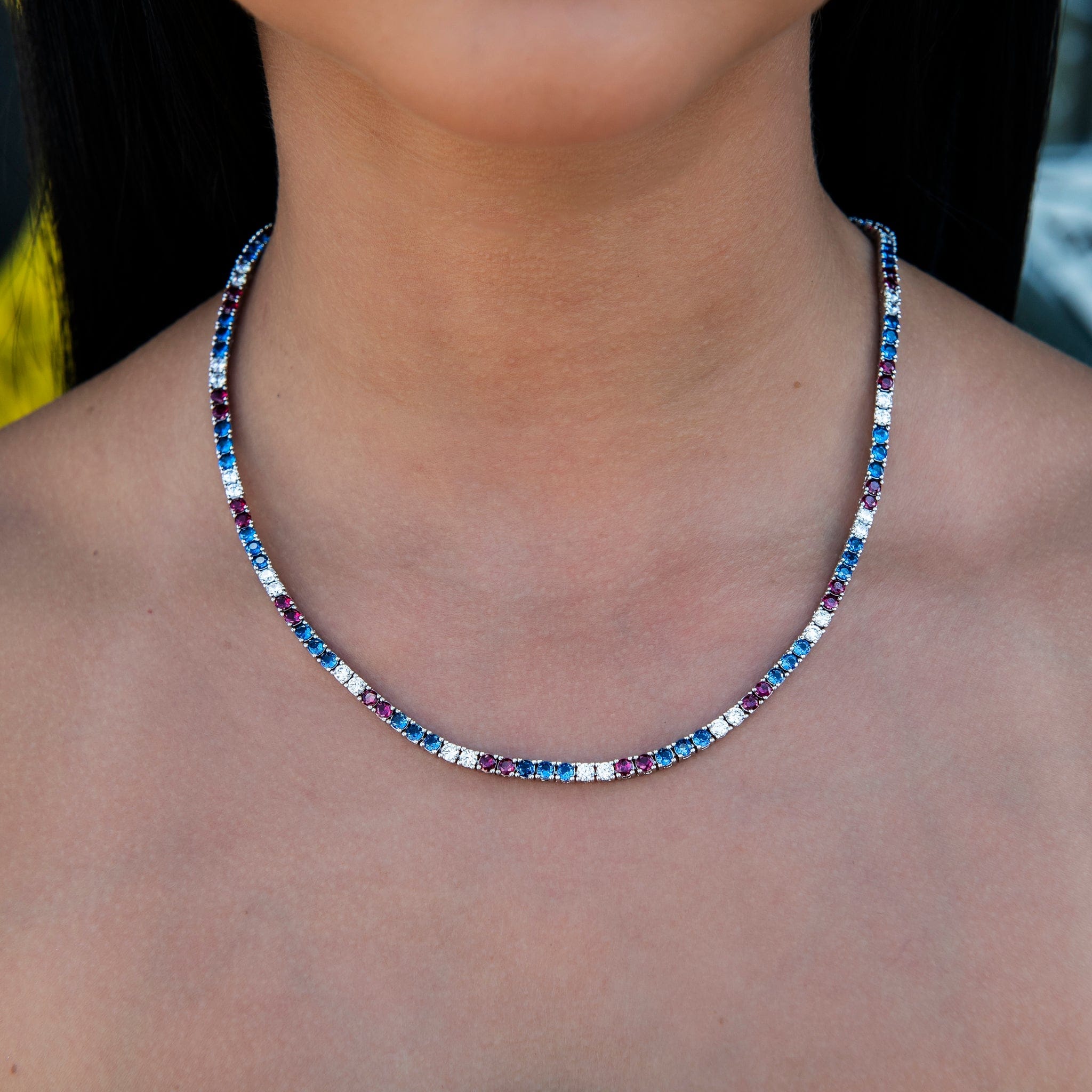 GLD Women 3 mm Diamond Tennis Necklace - Royal Blue Red White
