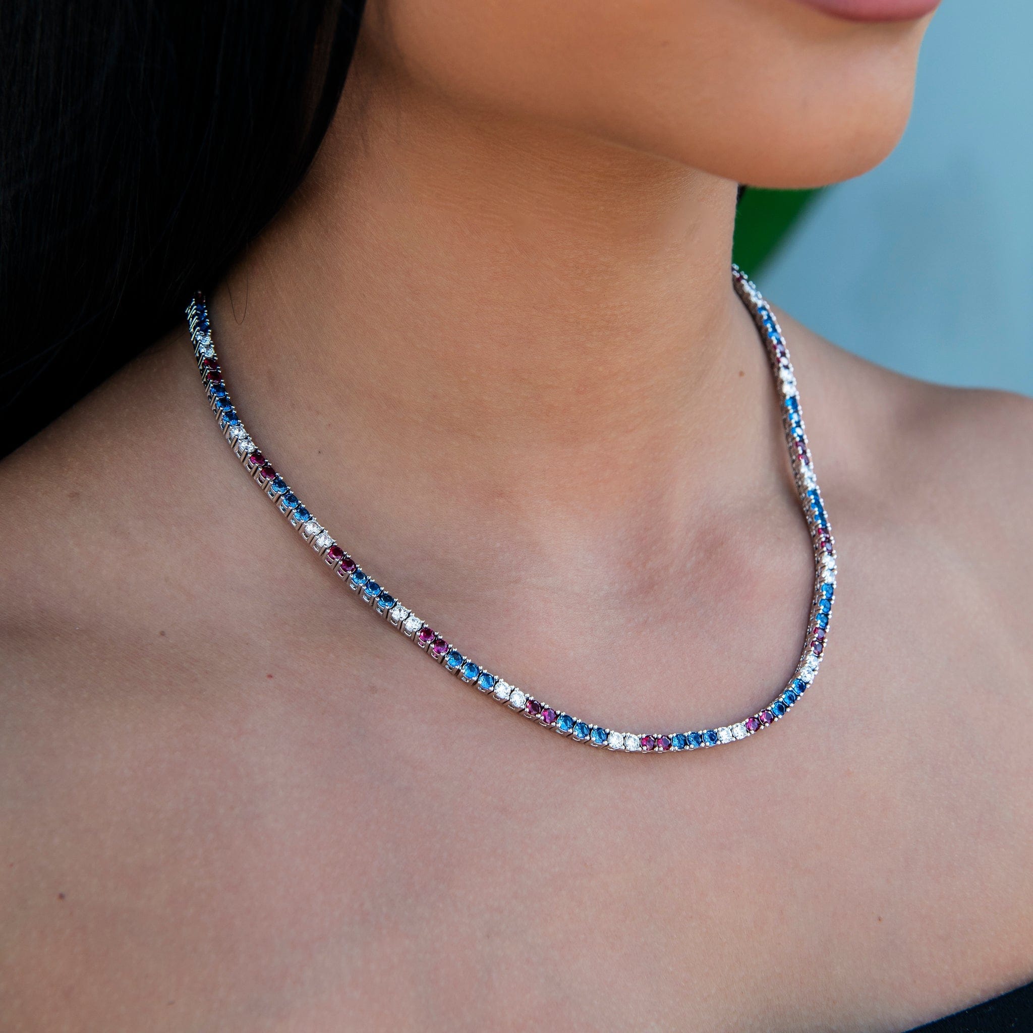 GLD Women 3 mm Diamond Tennis Necklace - Royal Blue Red White