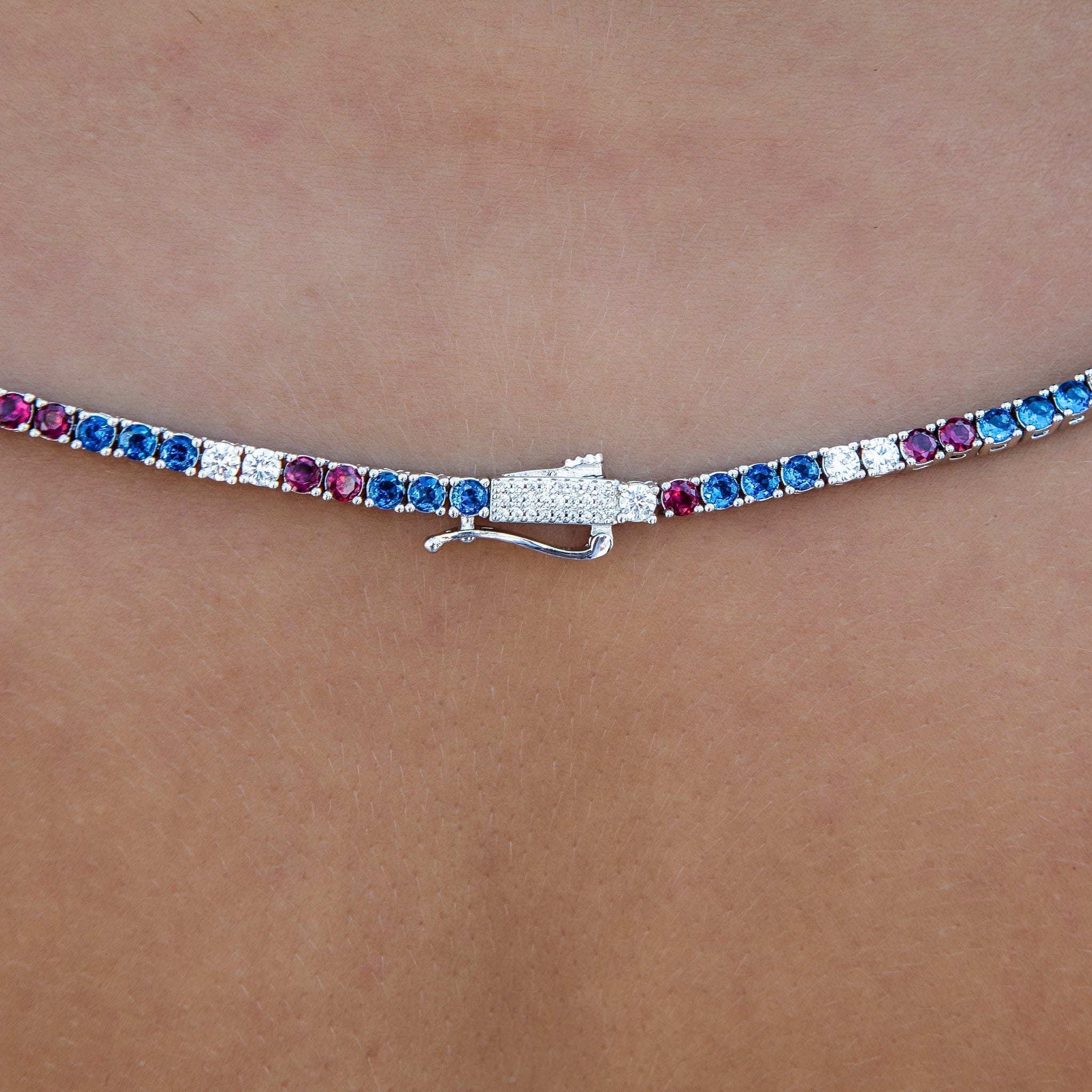 GLD Women 3 mm Diamond Tennis Necklace - Royal Blue Red White