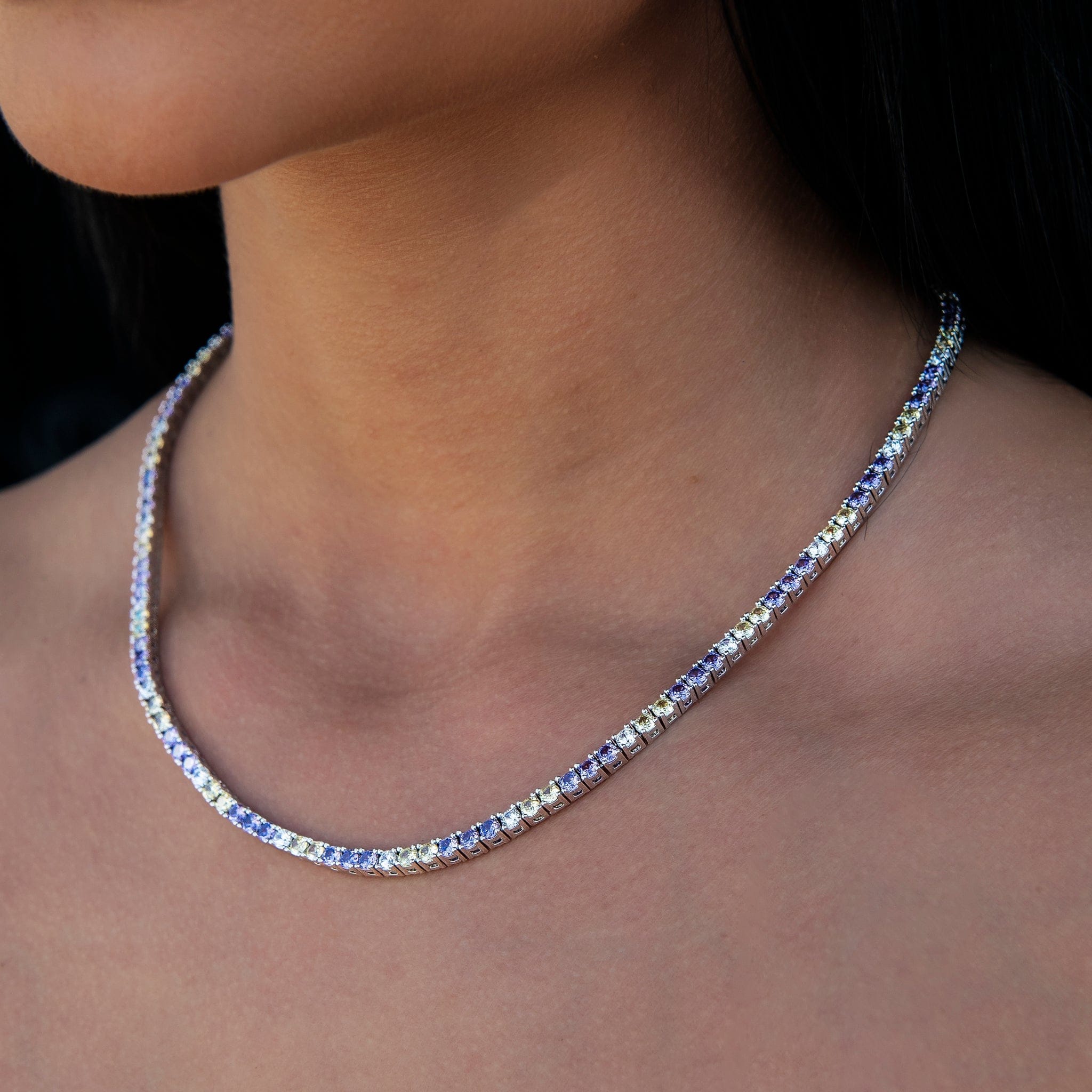 GLD Women 3 mm Diamond Tennis Necklace - Purple Yellow White