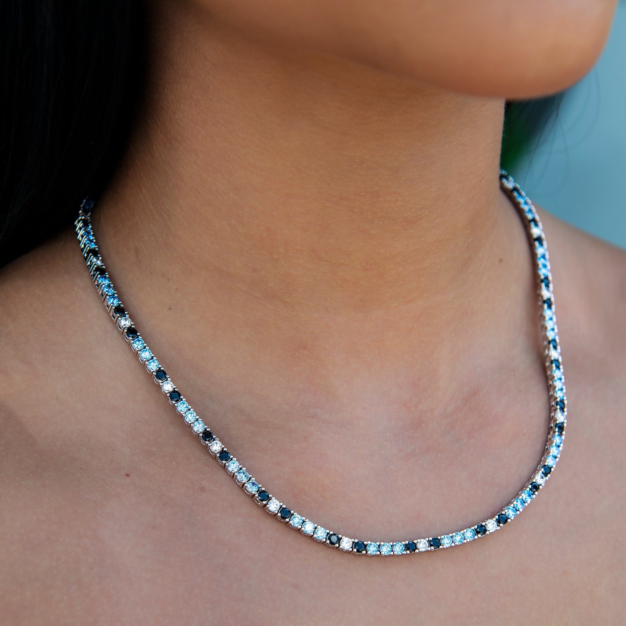 GLD Women 3 mm Diamond Tennis Necklace - Turquoise Black White