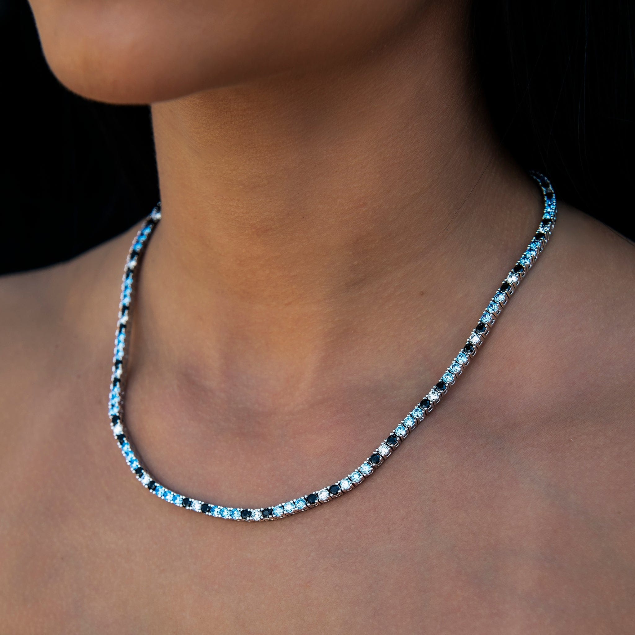 GLD Women 3 mm Diamond Tennis Necklace - Turquoise Black White