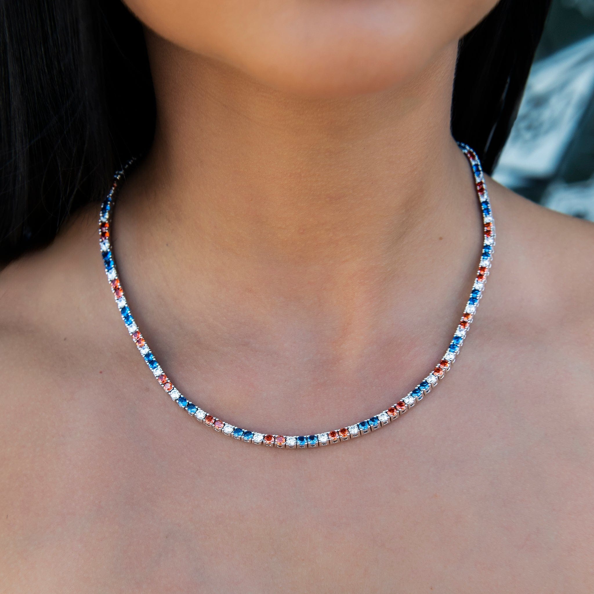GLD Women 3 mm Diamond Tennis Necklace - Royal Blue Orange White
