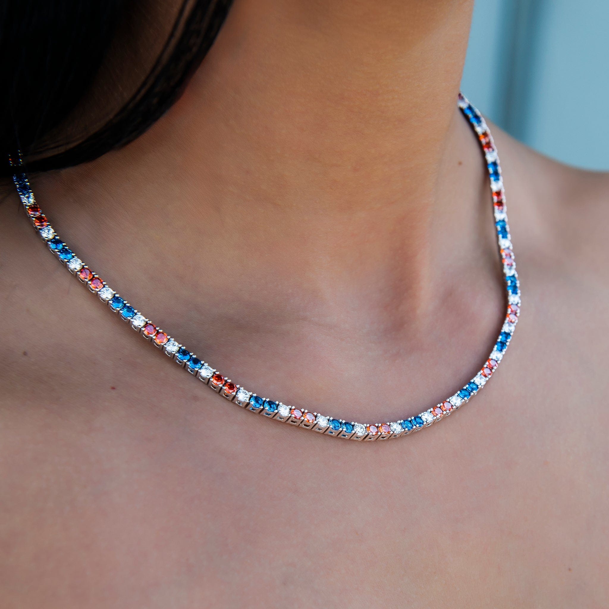 GLD Women 3 mm Diamond Tennis Necklace - Royal Blue Orange White