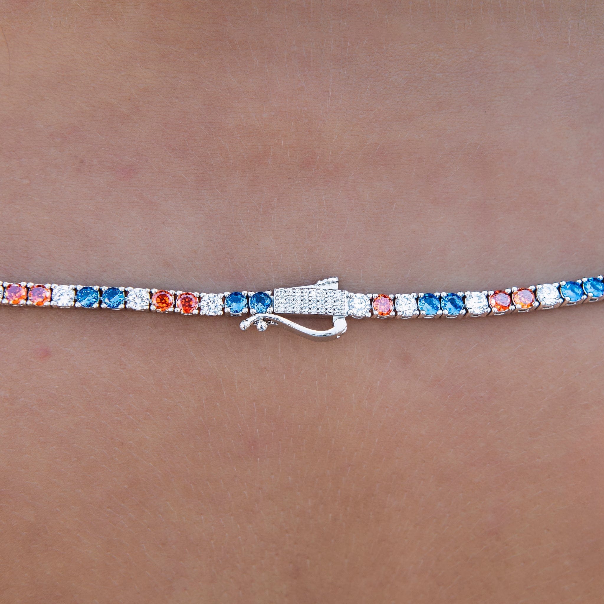 GLD Women 3 mm Diamond Tennis Necklace - Royal Blue Orange White