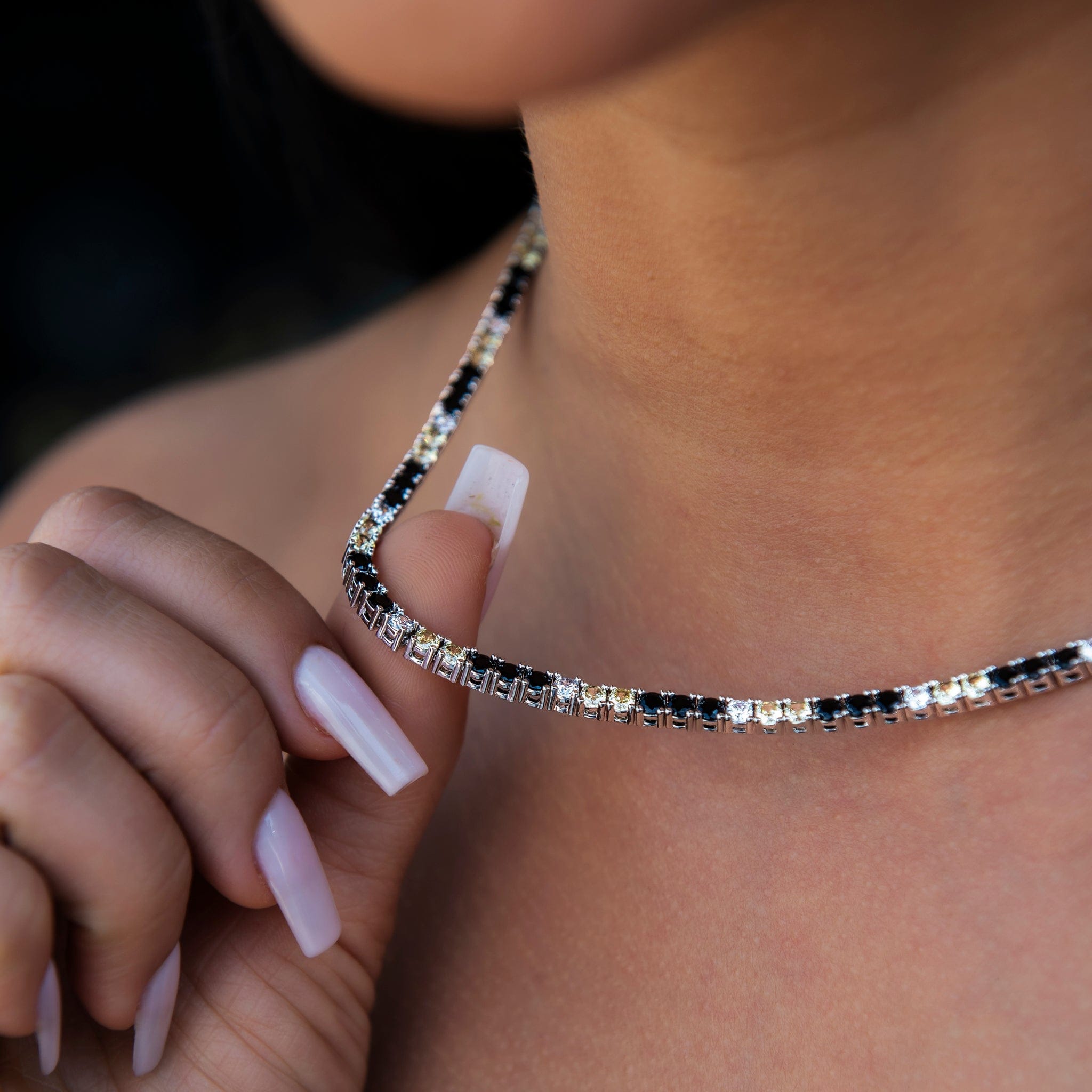GLD Women 3 mm Diamond Tennis Necklace - Black Yellow White