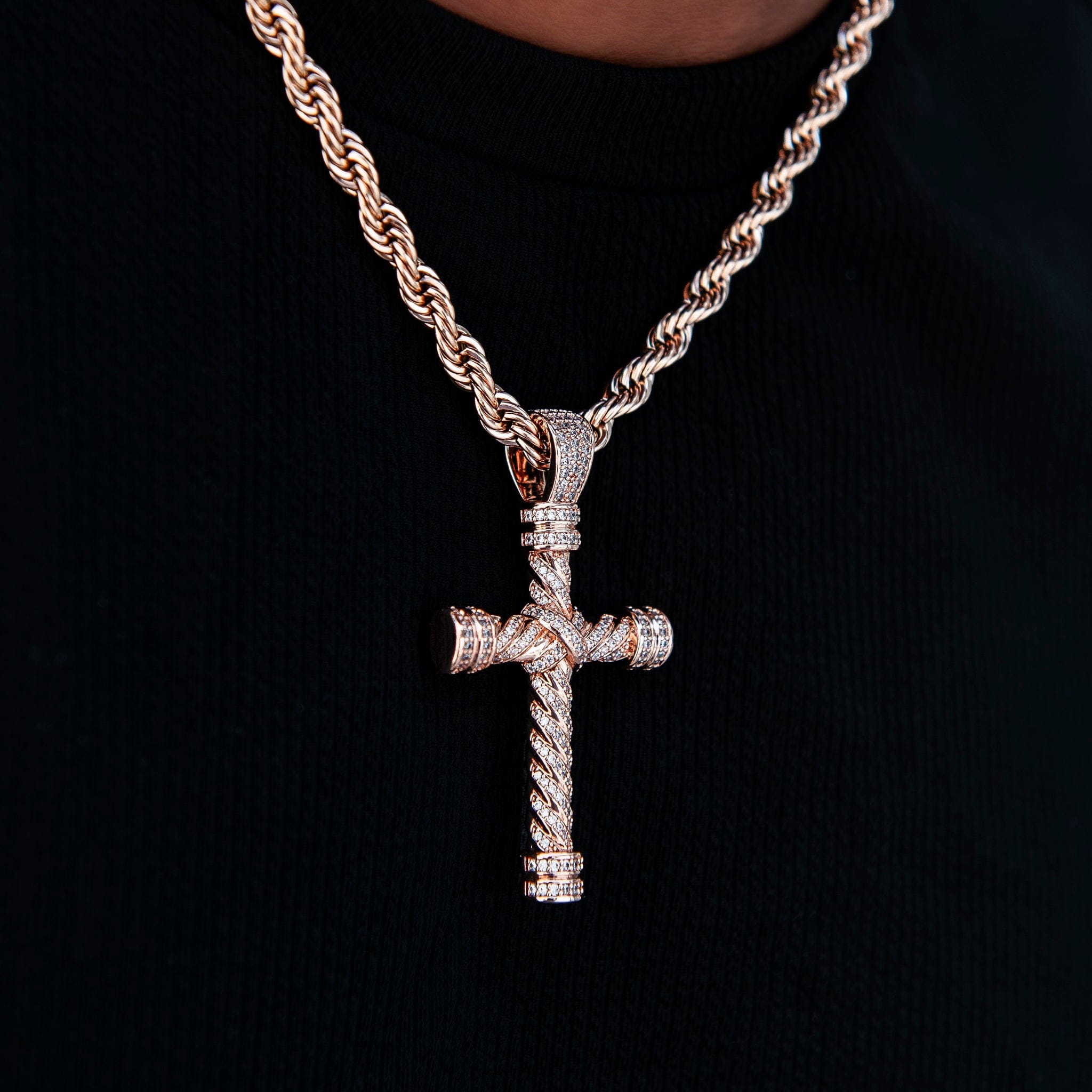 GLD Men Diamond Rope Cross Pendant in Rose Gold