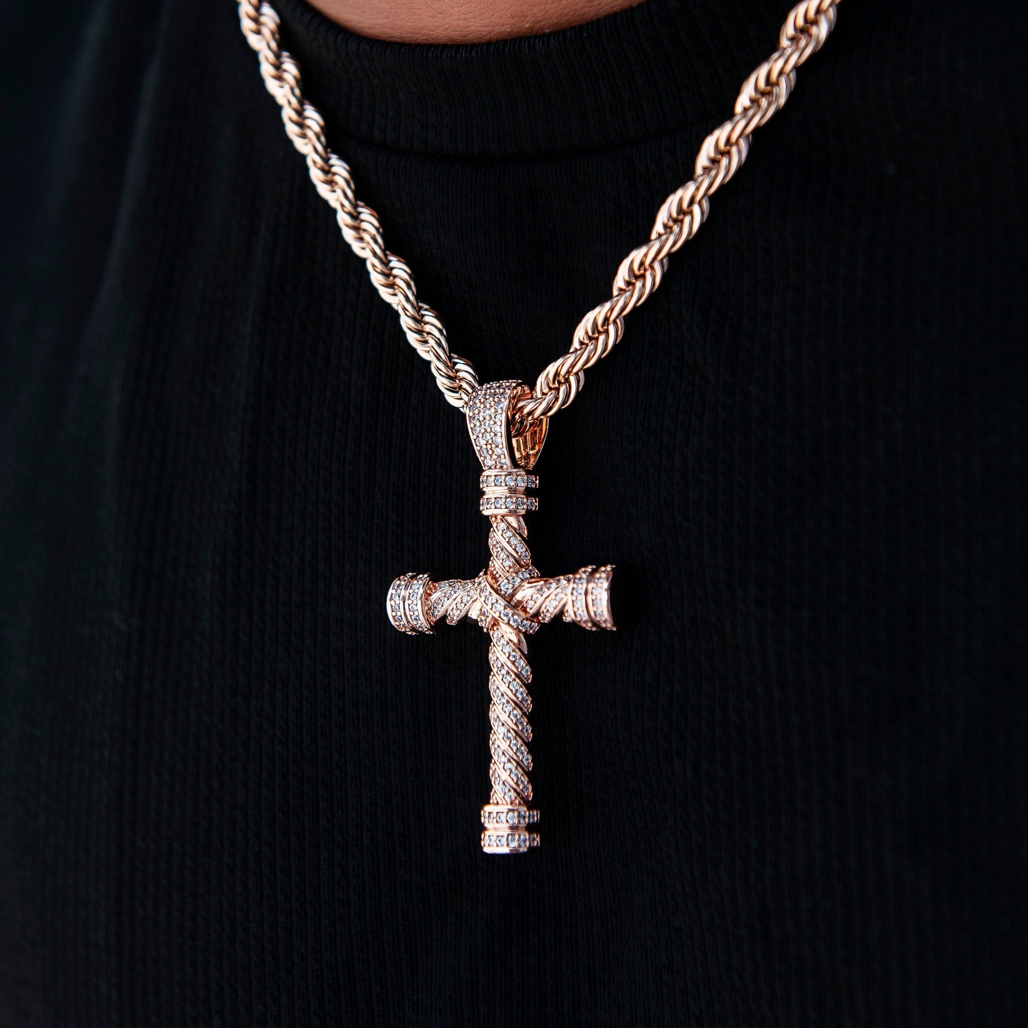 GLD Men Diamond Rope Cross Pendant in Rose Gold