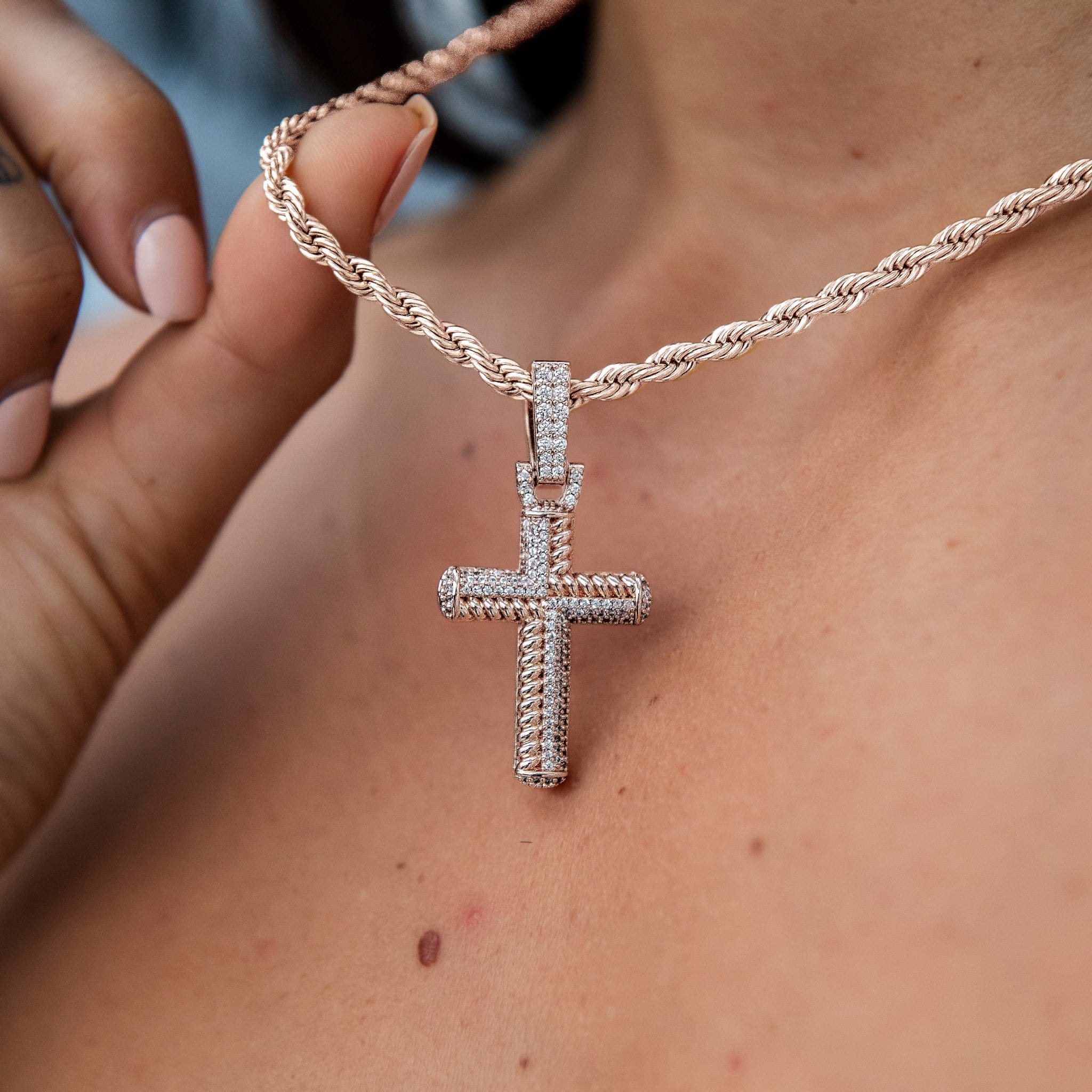 GLD Women Iced Rope Mix Cross Pendant in Rose Gold