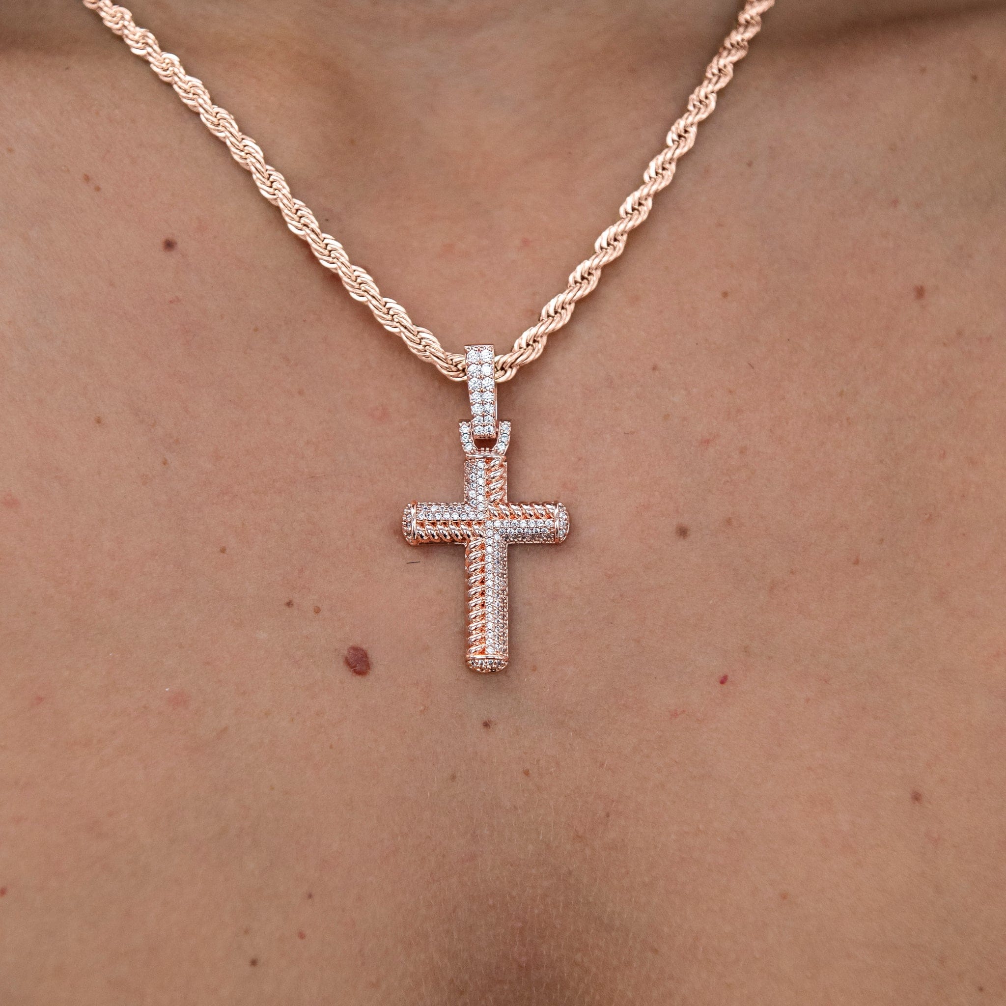 GLD Women Iced Rope Mix Cross Pendant in Rose Gold