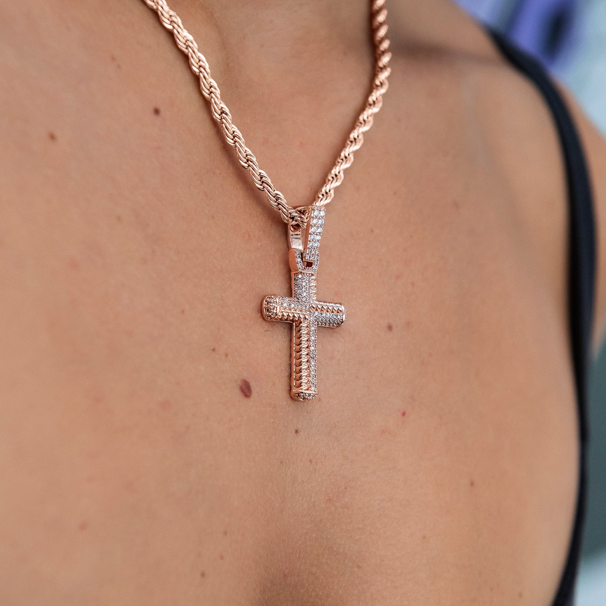 GLD Women Iced Rope Mix Cross Pendant in Rose Gold