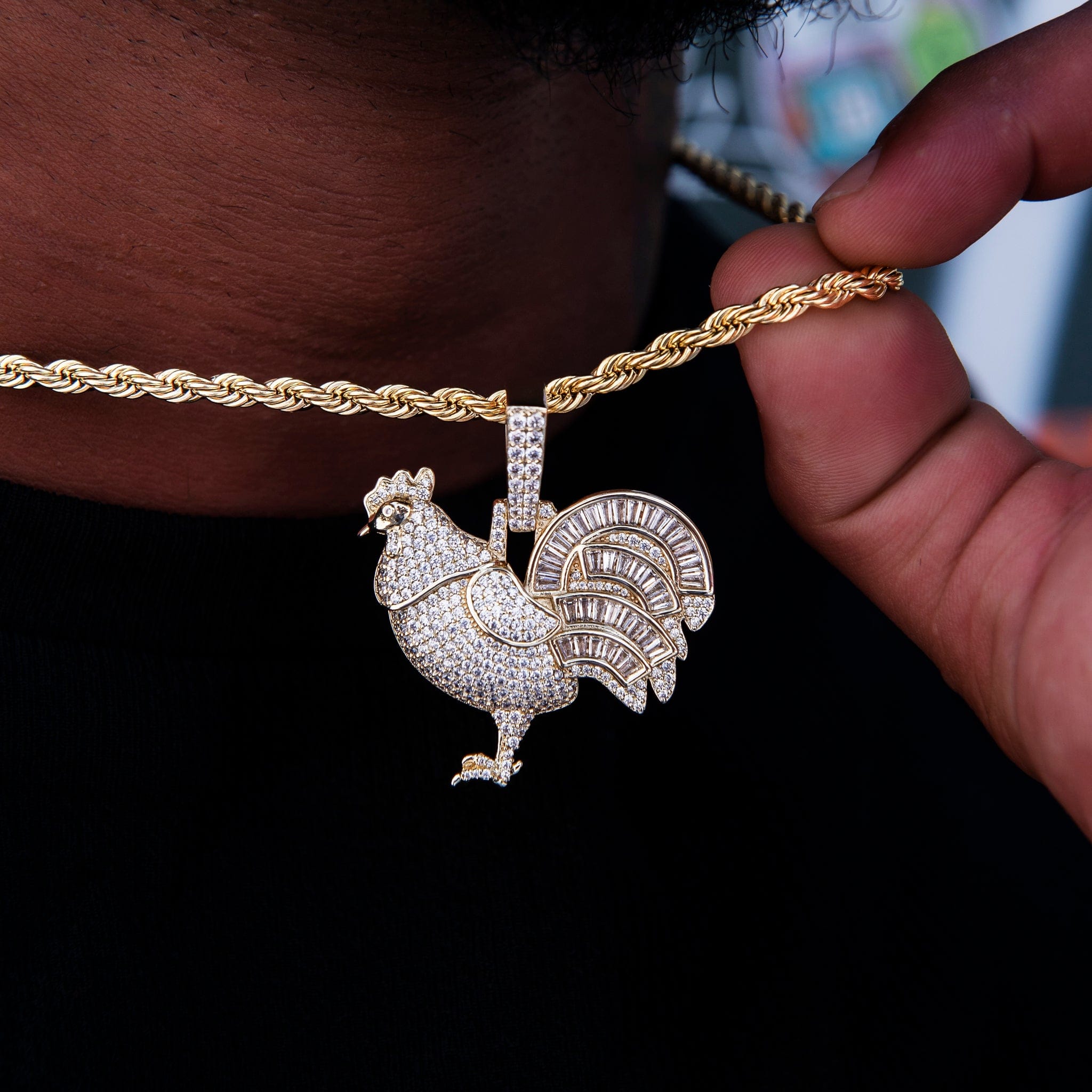 GLD Men Iced Rooster Pendant in Yellow Gold