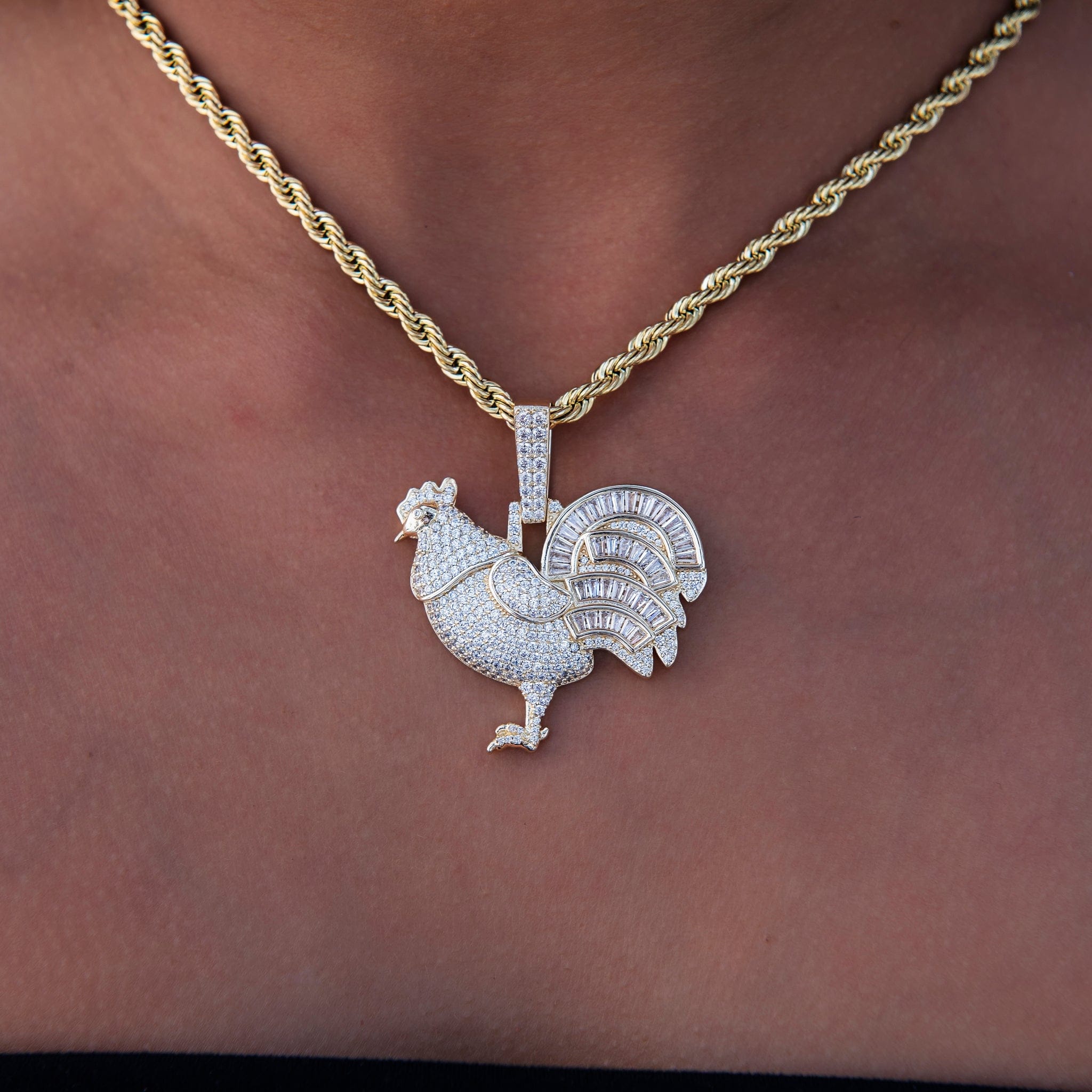 GLD Women Iced Rooster Pendant in Yellow Gold