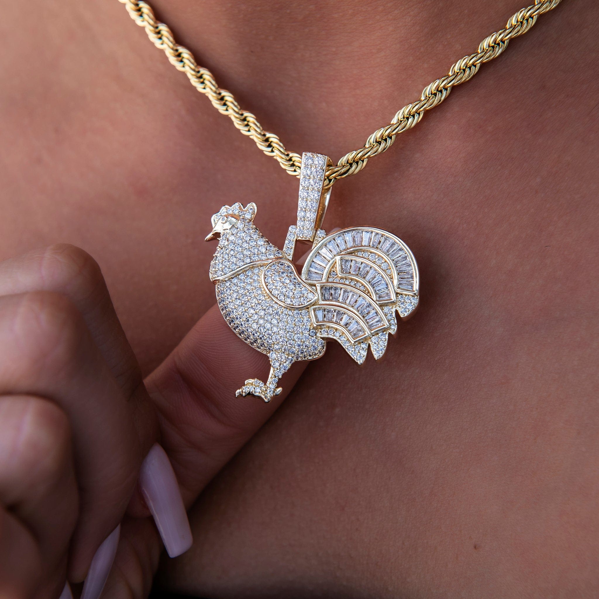 GLD Women Iced Rooster Pendant in Yellow Gold