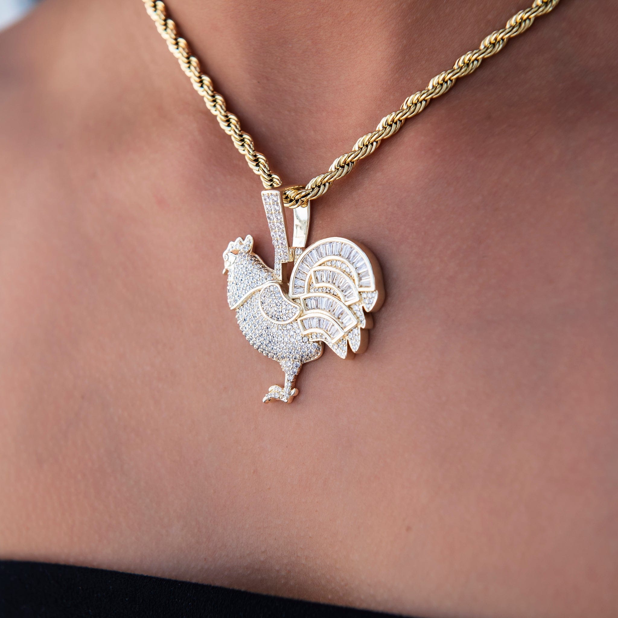GLD Women Iced Rooster Pendant in Yellow Gold
