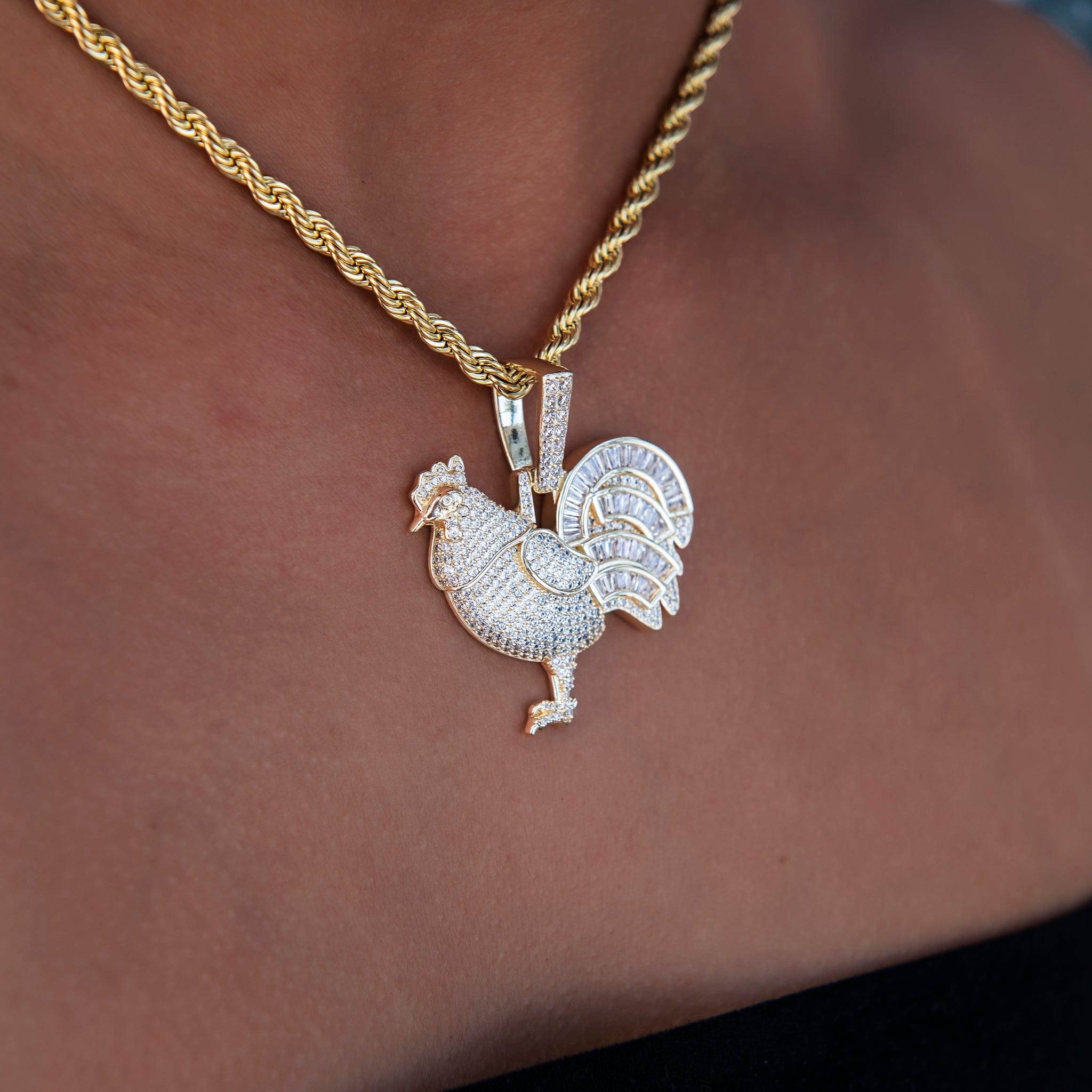 GLD Women Iced Rooster Pendant in Yellow Gold
