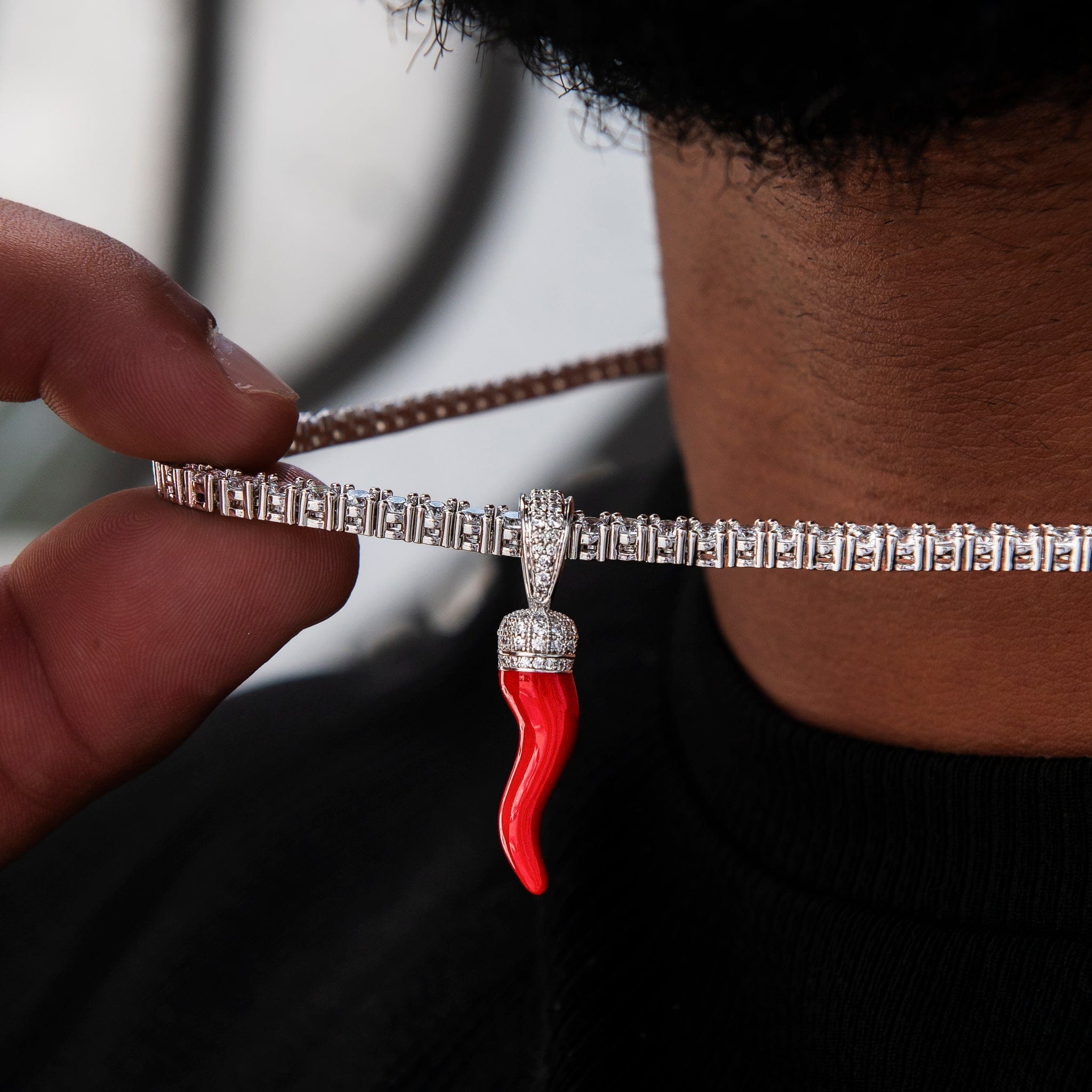 GLD Men Iced Red Italian Horn Pendant in White Gold