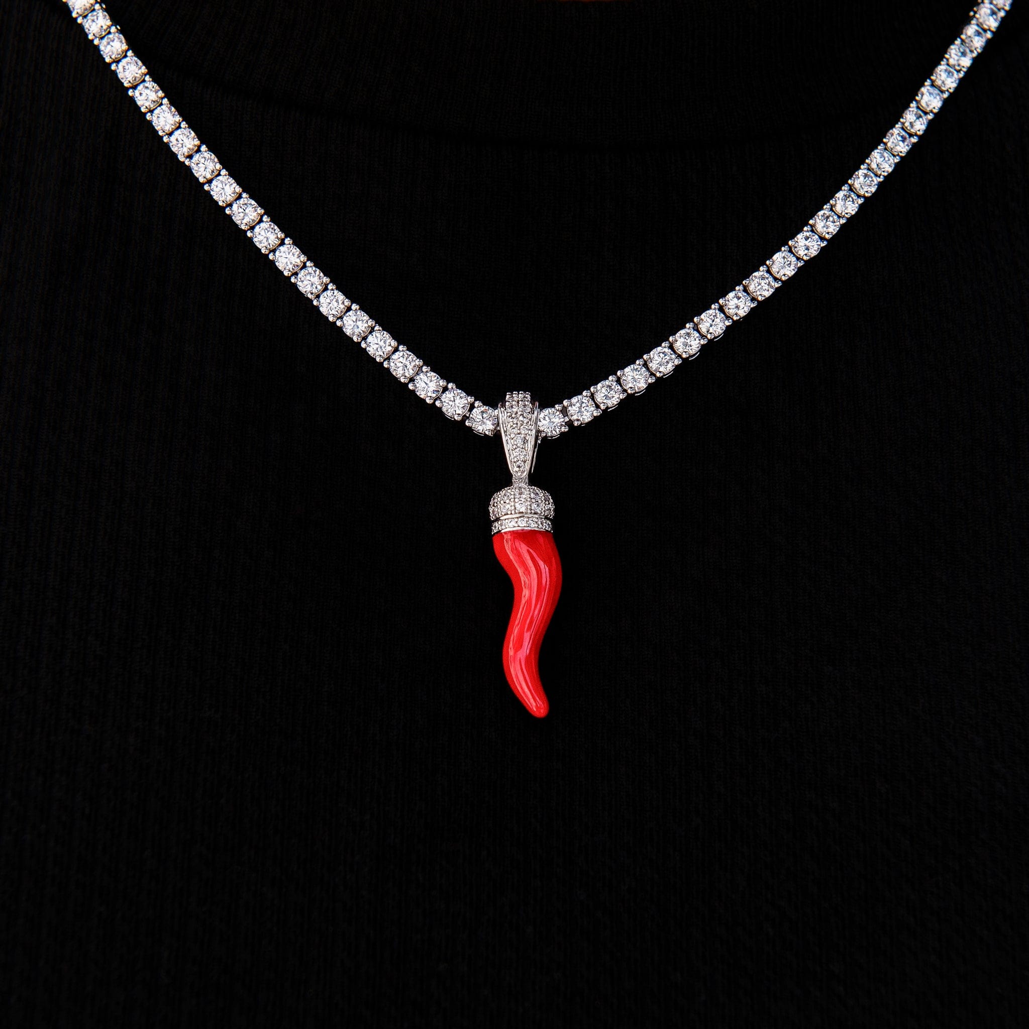 GLD Men Iced Red Italian Horn Pendant in White Gold
