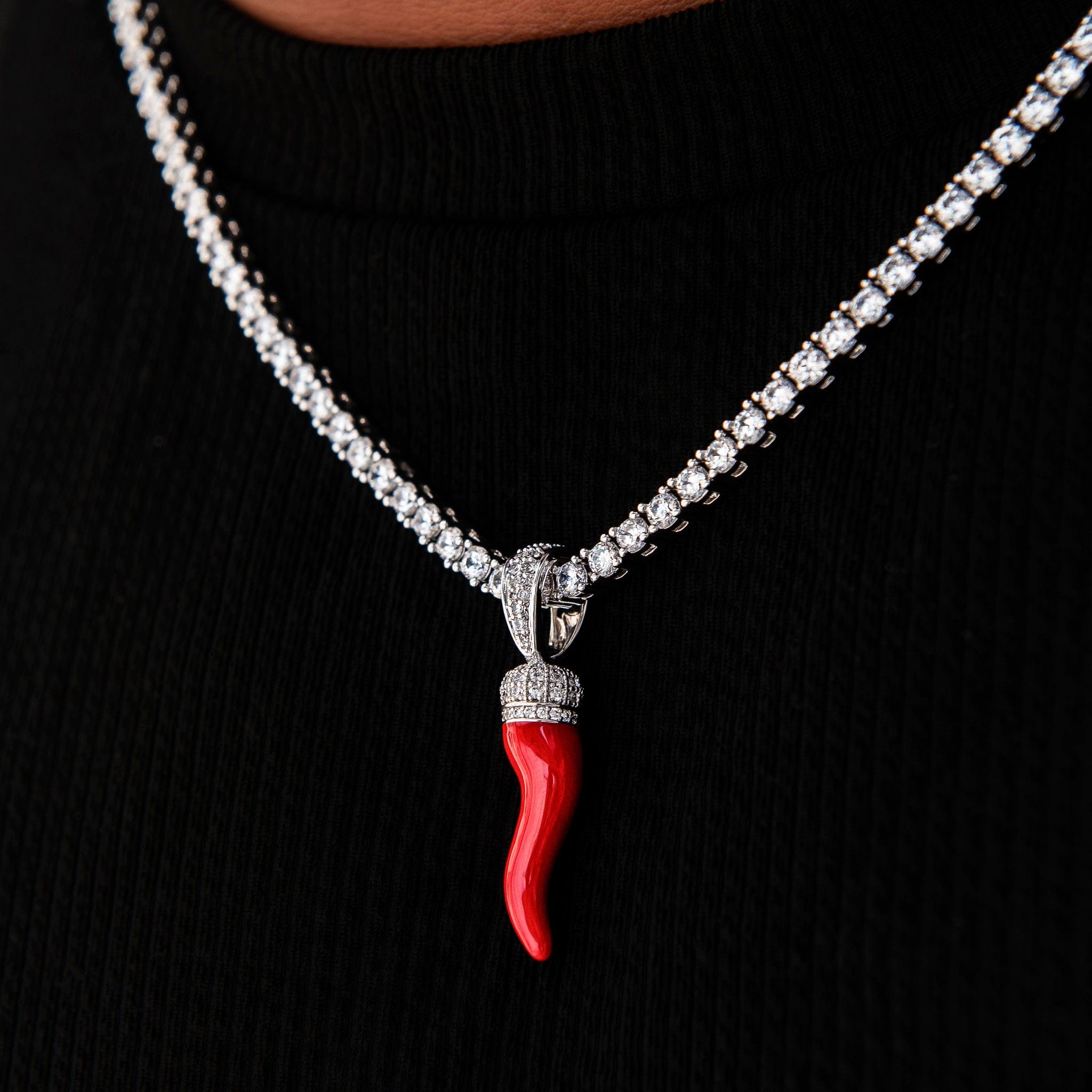 GLD Men Iced Red Italian Horn Pendant in White Gold