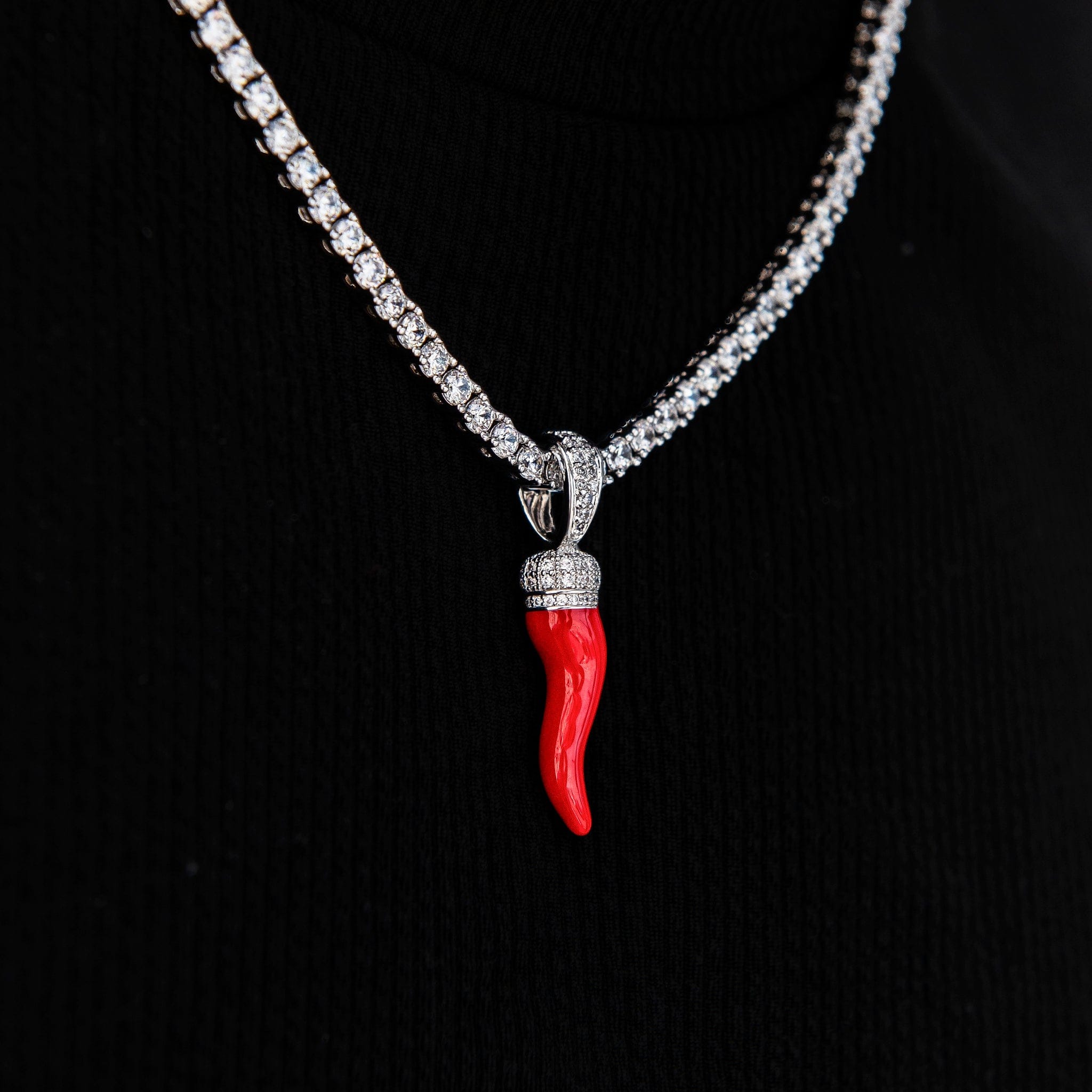 GLD Men Iced Red Italian Horn Pendant in White Gold