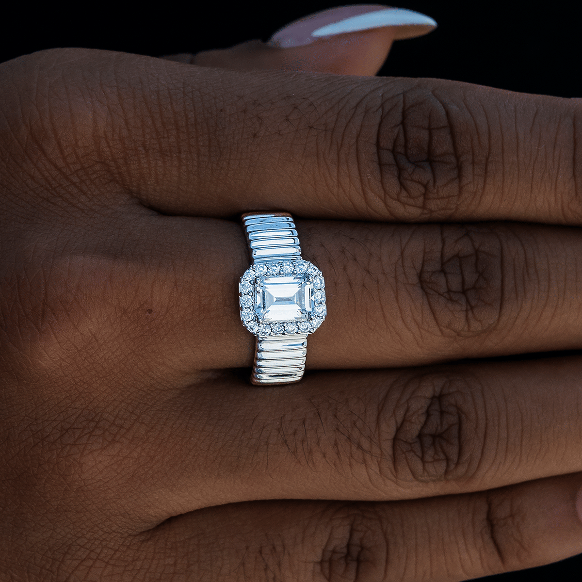 GLD Women Emerald Cut Diamond Textured Ring in White Gold Vermeil