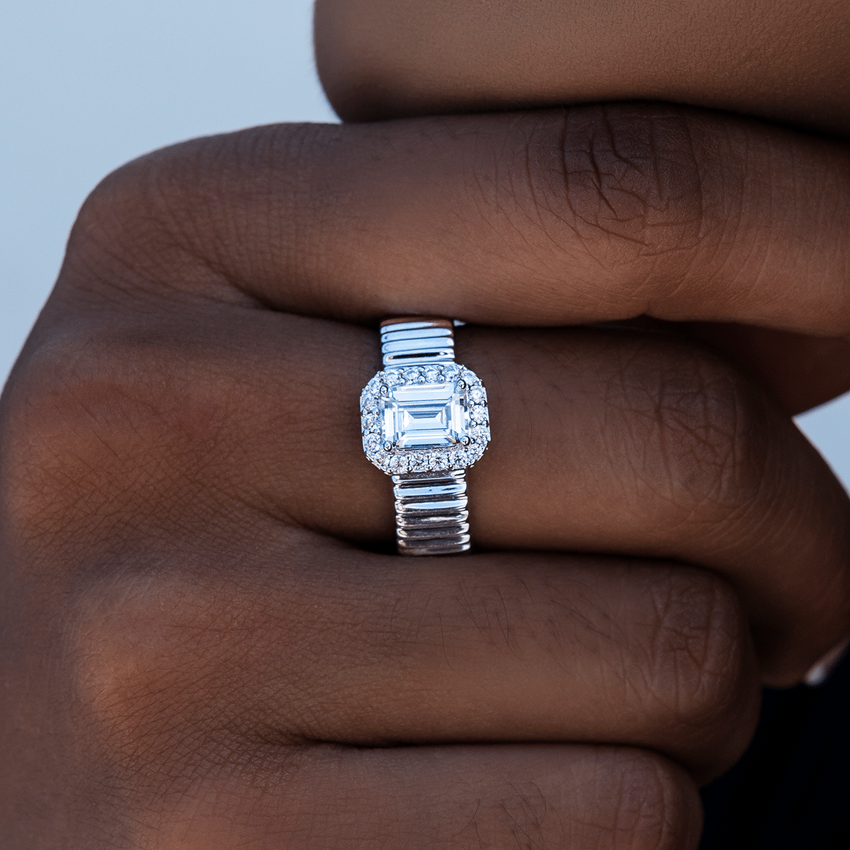 GLD Women Emerald Cut Diamond Textured Ring in White Gold Vermeil