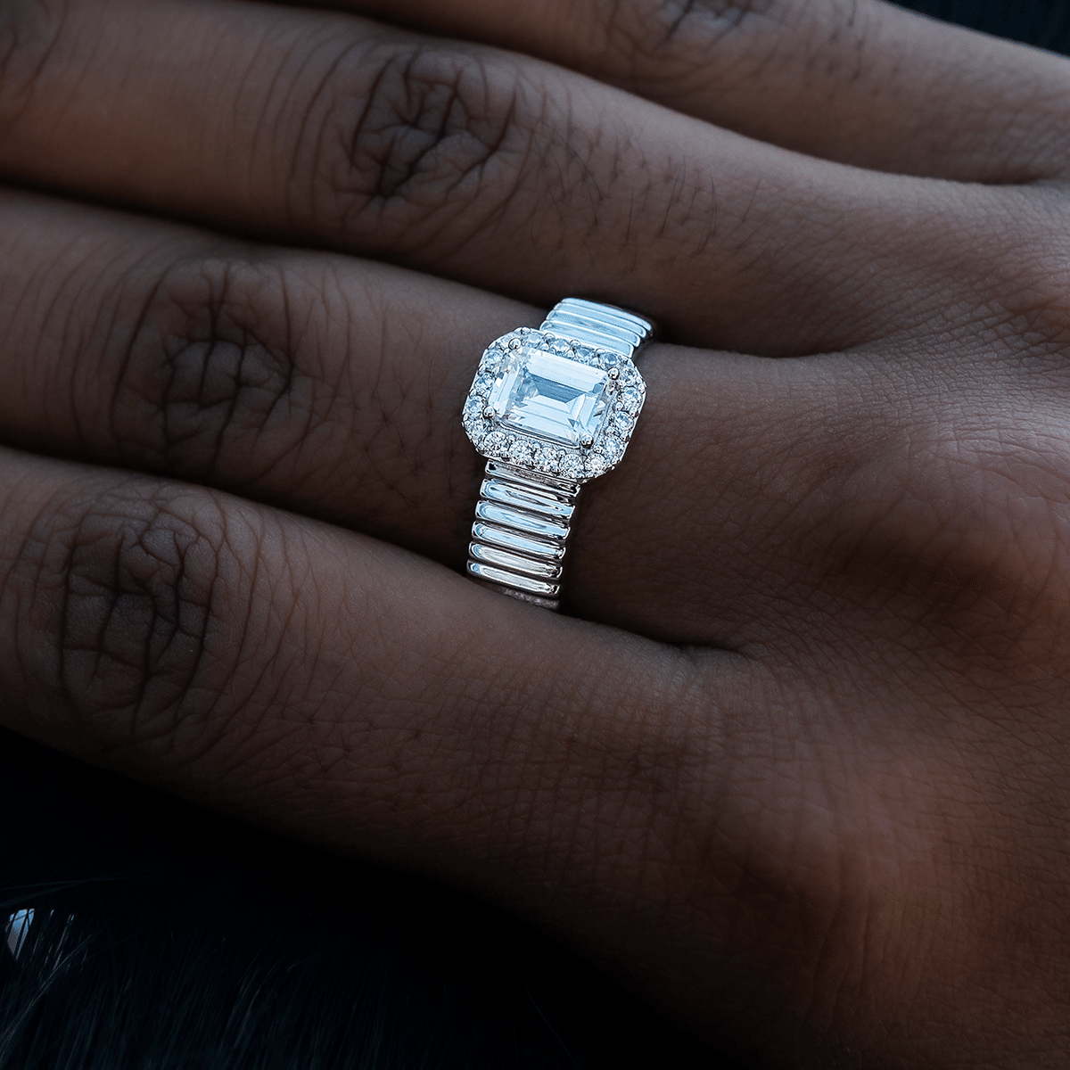 GLD Women Emerald Cut Diamond Textured Ring in White Gold Vermeil