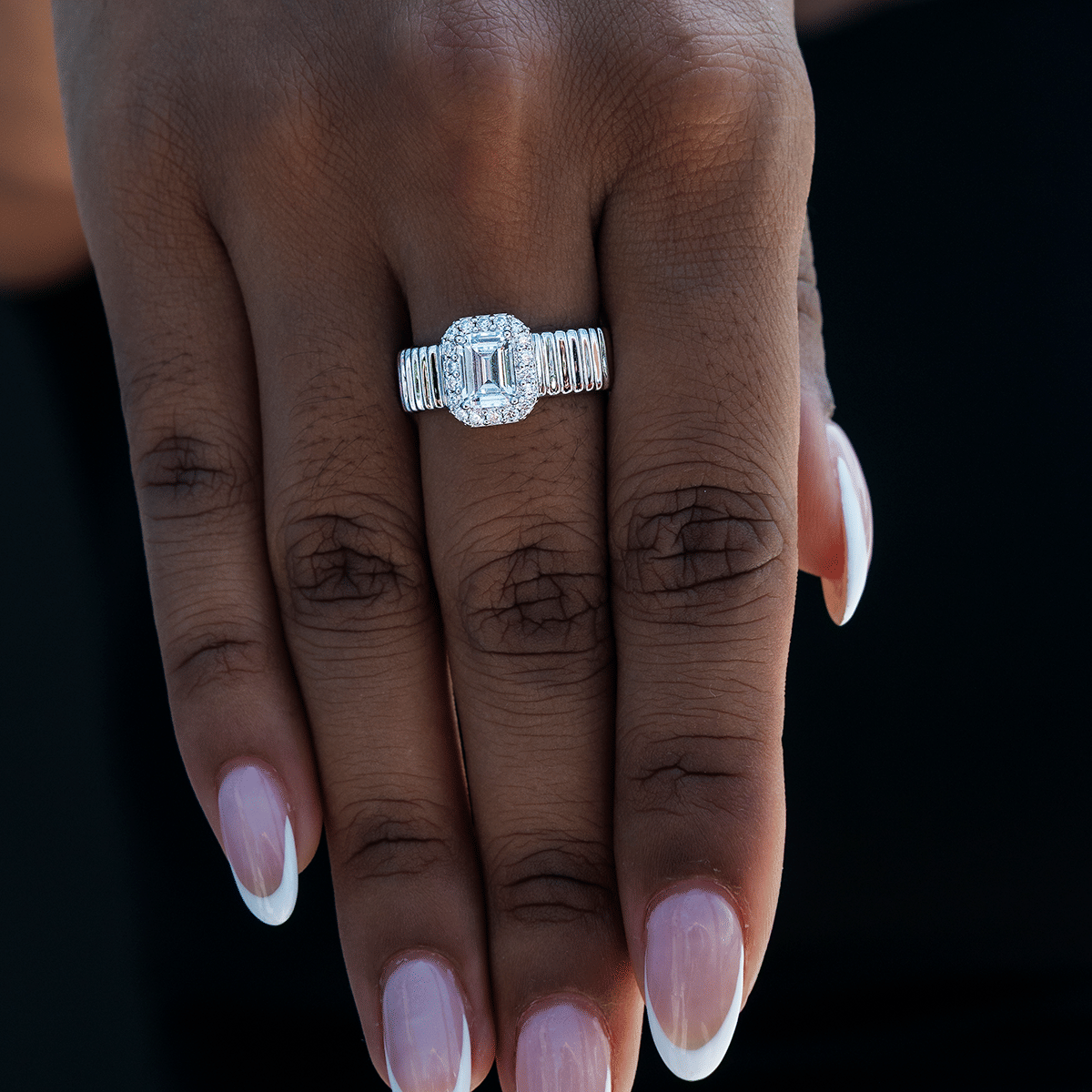 GLD Women Emerald Cut Diamond Textured Ring in White Gold Vermeil